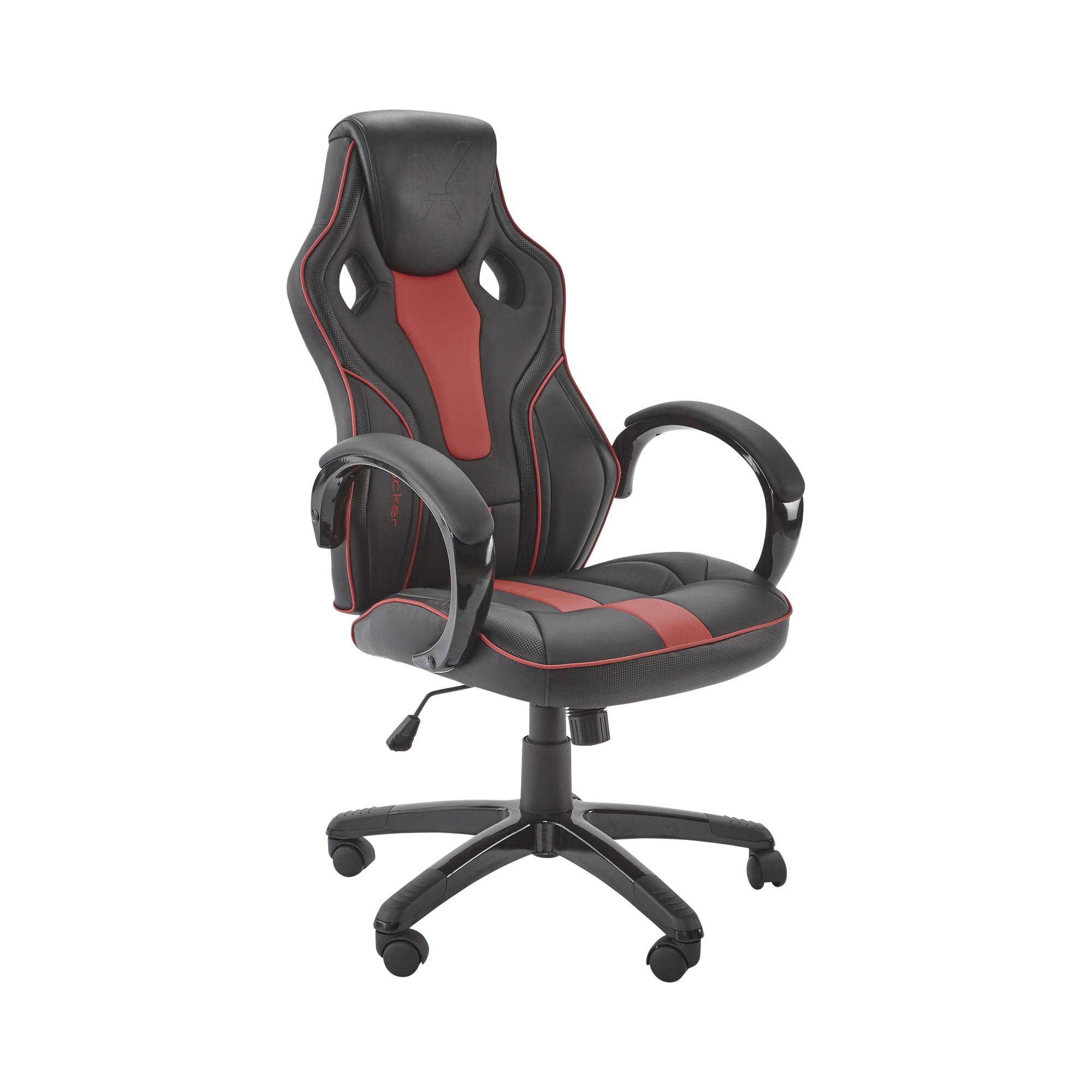 Schwarzer und roter Gaming-Stuhl auf Rädern. Weißer Hintergrund.