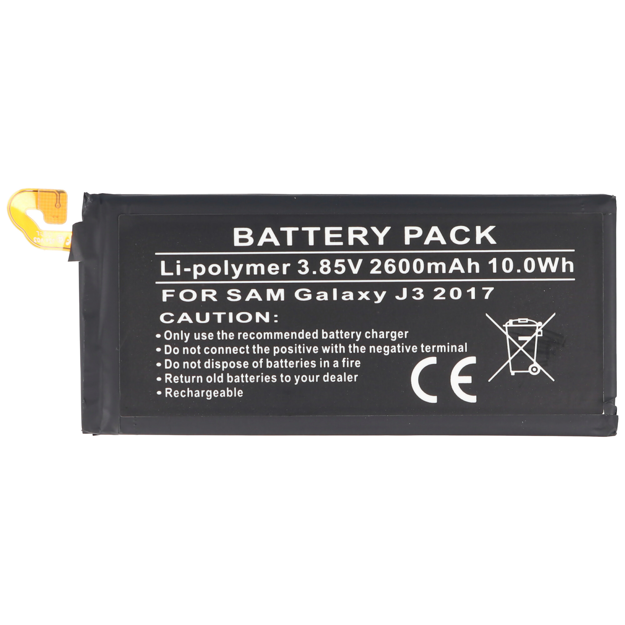 Schwarzes Akku-Pack mit Text. Es hat einen weißen Hintergrund. Text lautet: Li-Polymer 3,85 V 2600 mAh.