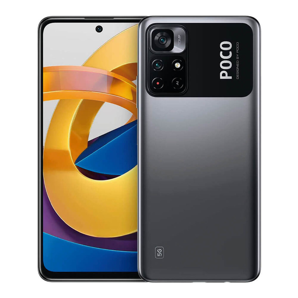 Un smartphone con un módulo de cámara negro sobre un cuerpo gris y una pantalla con un gráfico amarillo y azul.