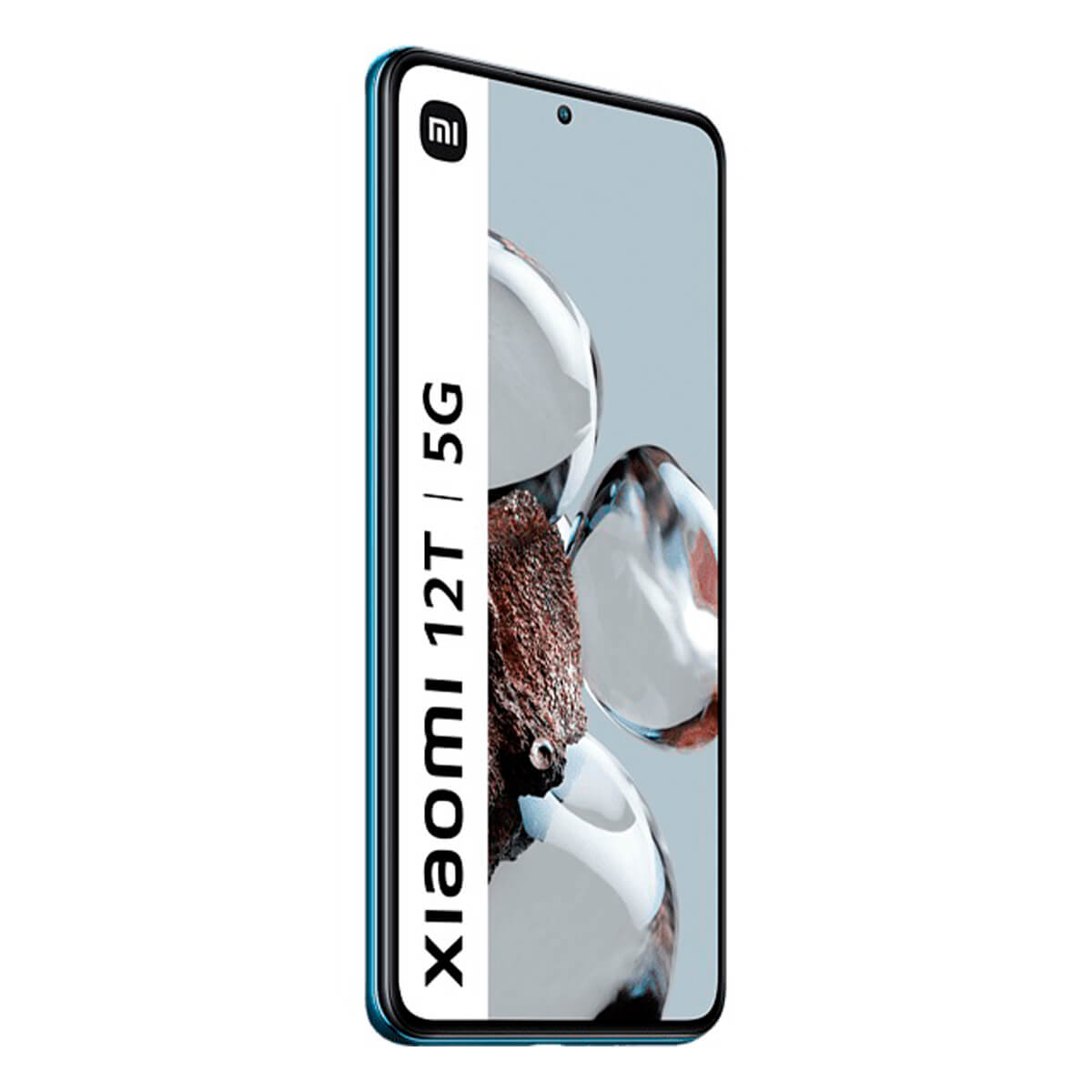 Smartfon Xiaomi 12T 5G, niebieska ramka, białe tło.