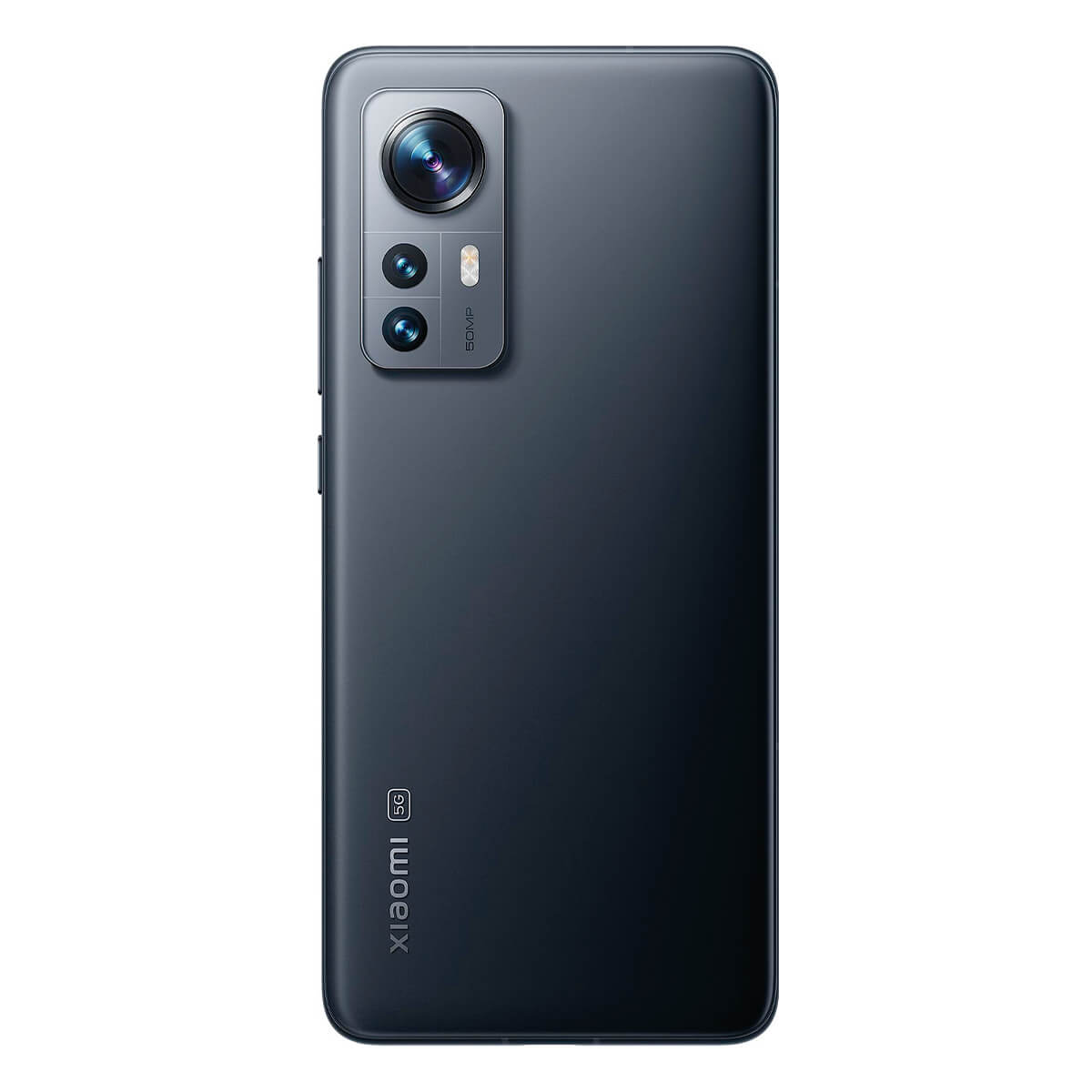 Widok z tyłu ciemnoszarego smartfona z aparatem i logo 5G. Białe tło.