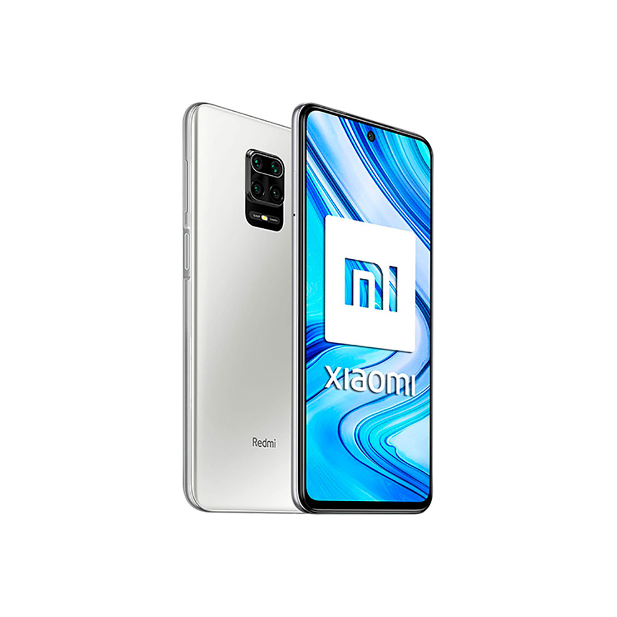 Srebrny telefon Xiaomi z białym logo Xiaomi na ekranie i logo Redmi z tyłu.