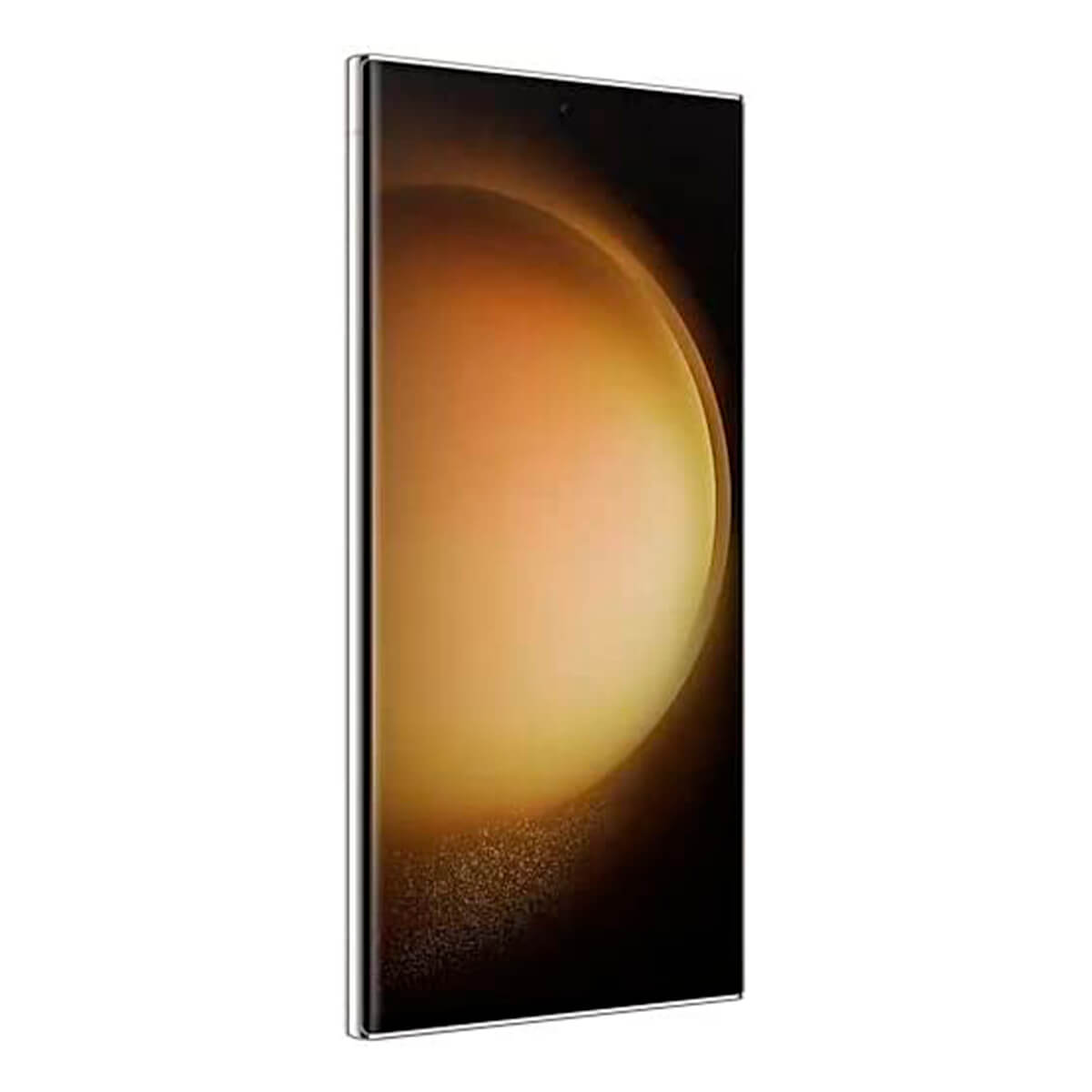 Smartphone nero con schermo grande, sfondo dorato sfocato.