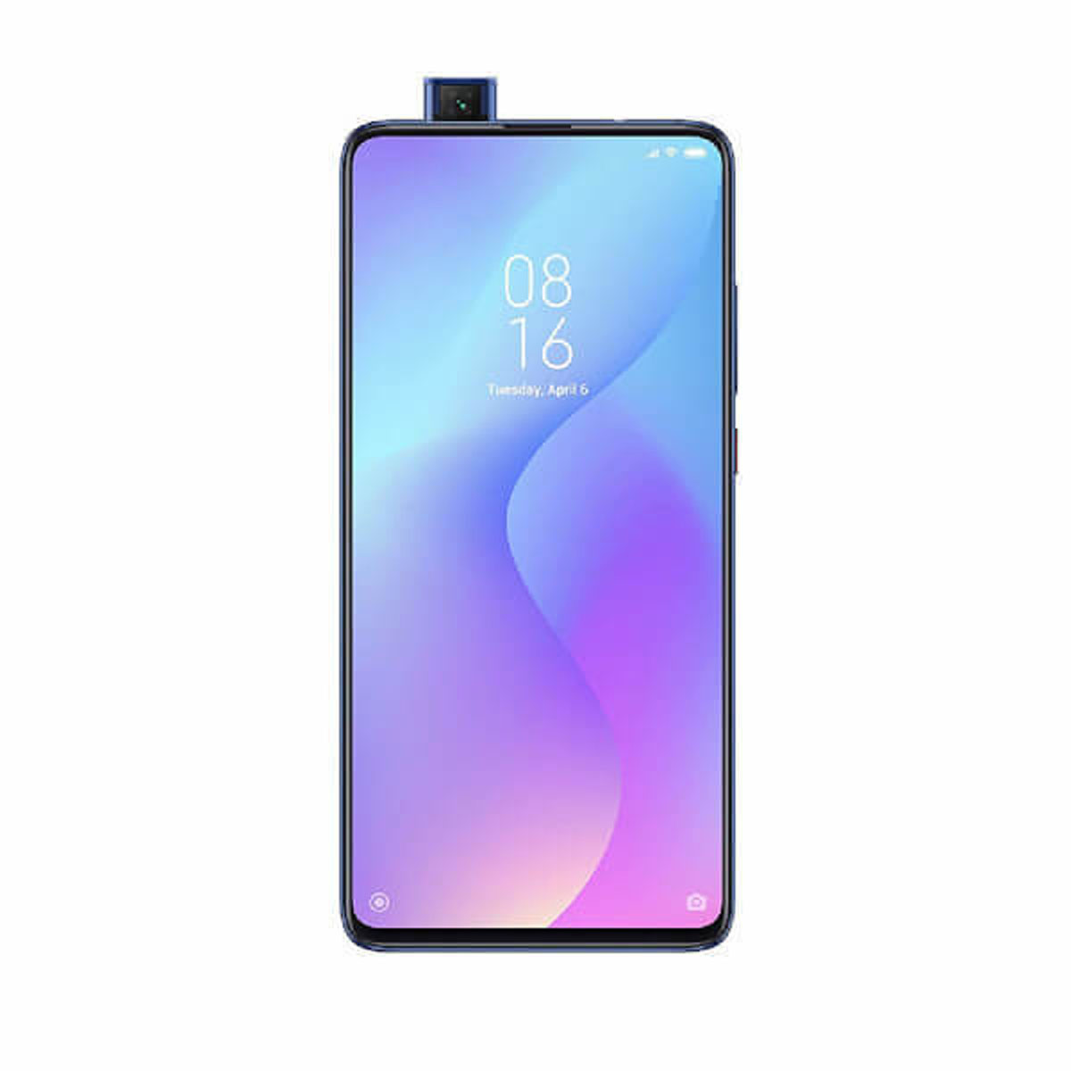 Schwarzes Smartphone mit Pop-up-Kamera und lila Display. Zeigt Uhrzeit und Datum.