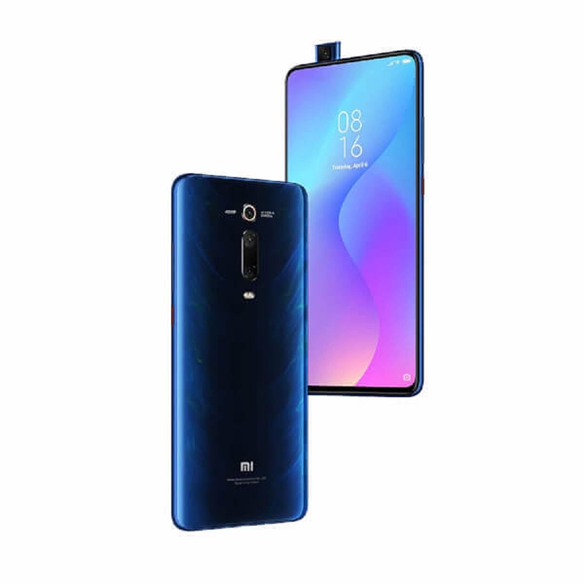 Blaues Smartphone, Rückseite sichtbar. Kamera und Logo. Vorderansicht wird gezeigt.