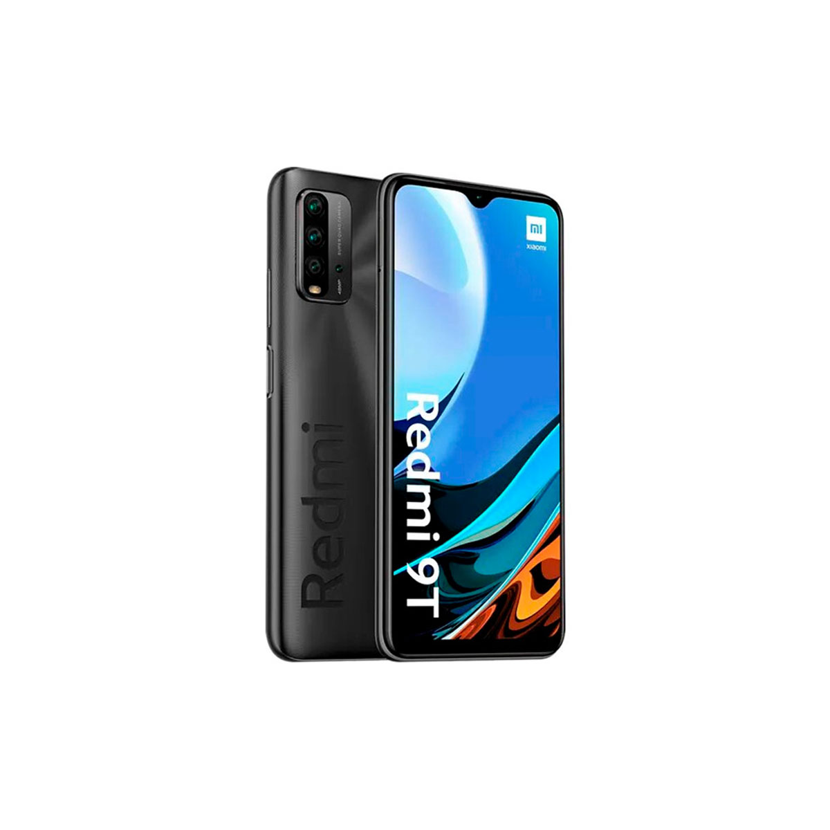 Teléfono negro con el logo de Redmi y el texto 'Redmi 9T' en la pantalla.