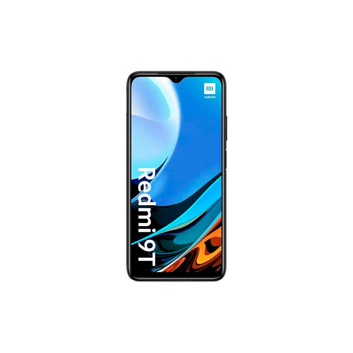 Smartphone con pantalla azul y naranja, texto 'Redmi 9T'. Marco negro, fondo blanco.