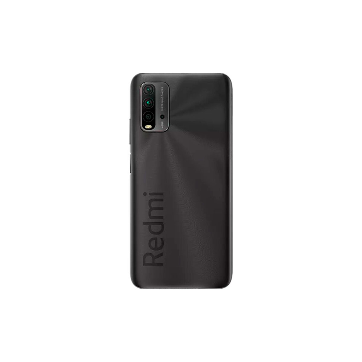 Parte trasera de un teléfono Redmi negro, triple cámara y nombre de marca.