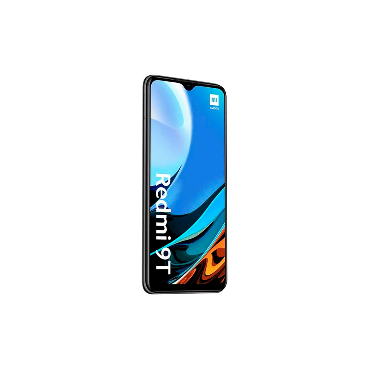 Un smartphone con pantalla azul. El teléfono es negro con el texto 'Redmi 9T' en la pantalla.