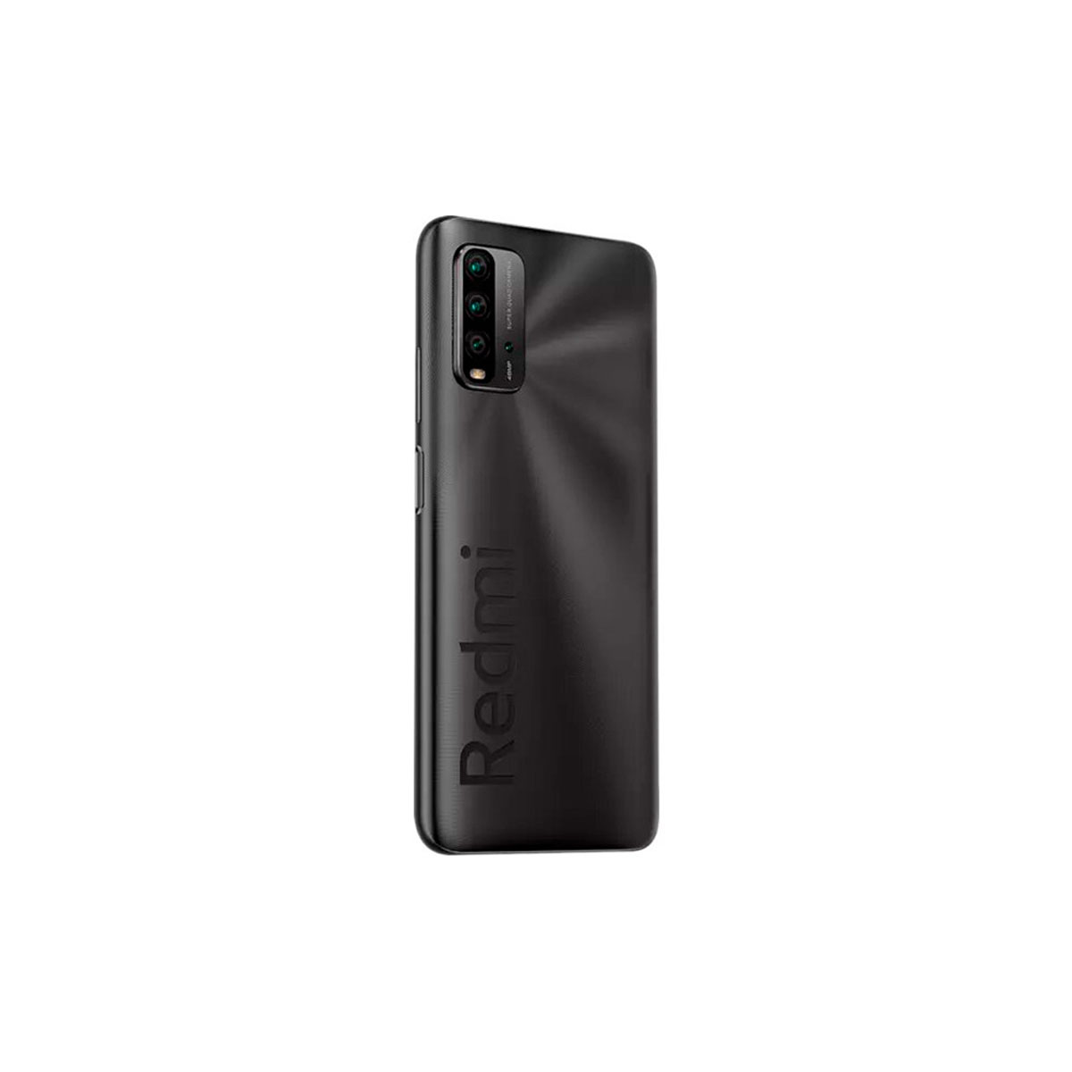 Parte trasera negra del teléfono Redmi. Cámara y logotipo de la marca.