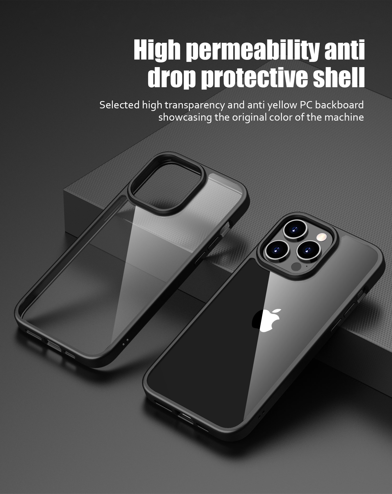 Deux coques de téléphone noires, une avec un téléphone à l'intérieur. Texte : Haute perméabilité, coque anti-chute.