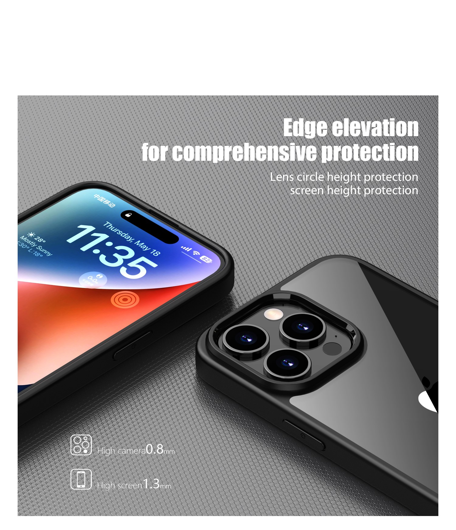 iPhone noir avec étui, affichant l'heure et une couche protectrice.