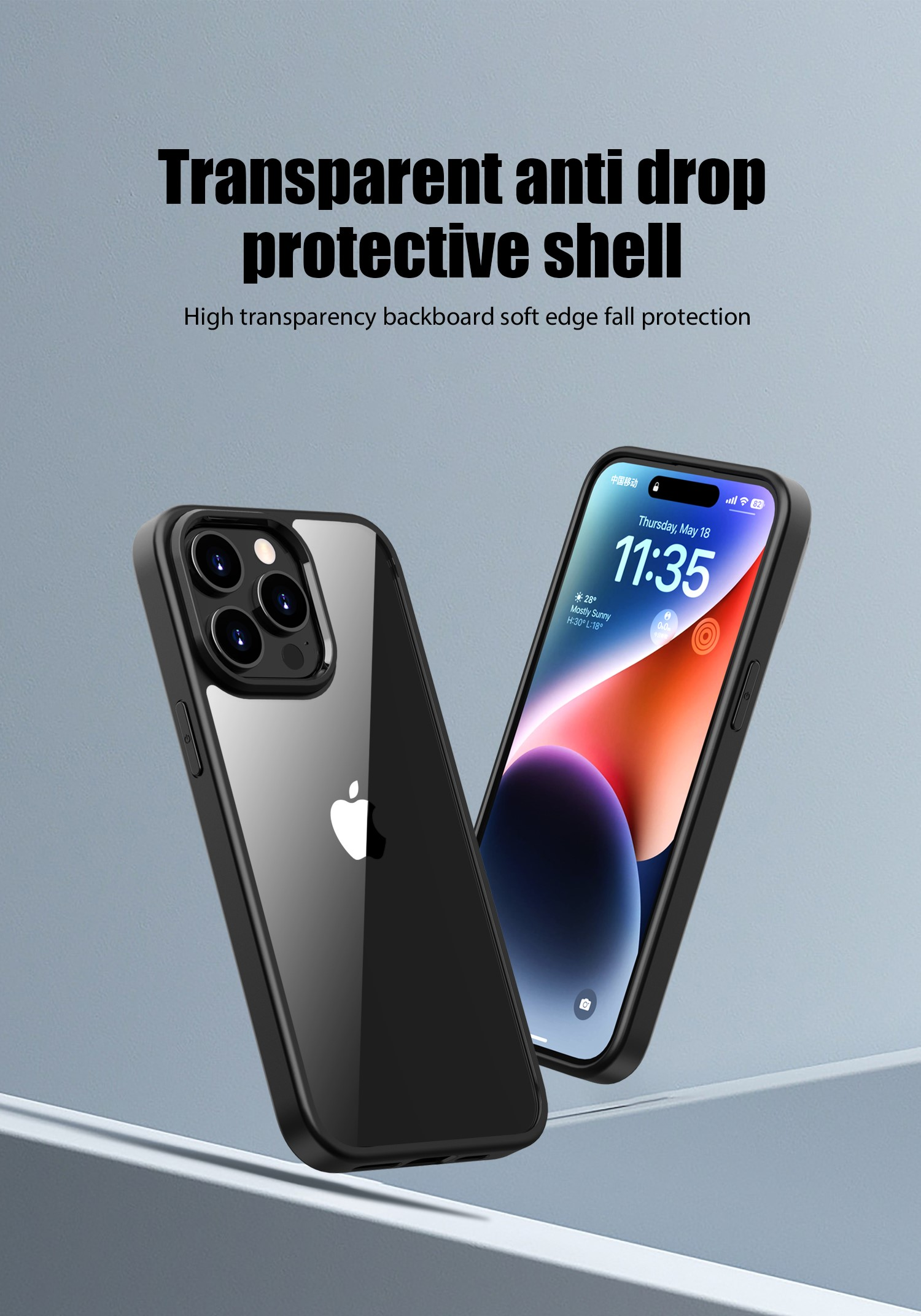 Zwei iPhones mit transparenten Hüllen, eines mit Bildschirm, das andere mit Hülle.