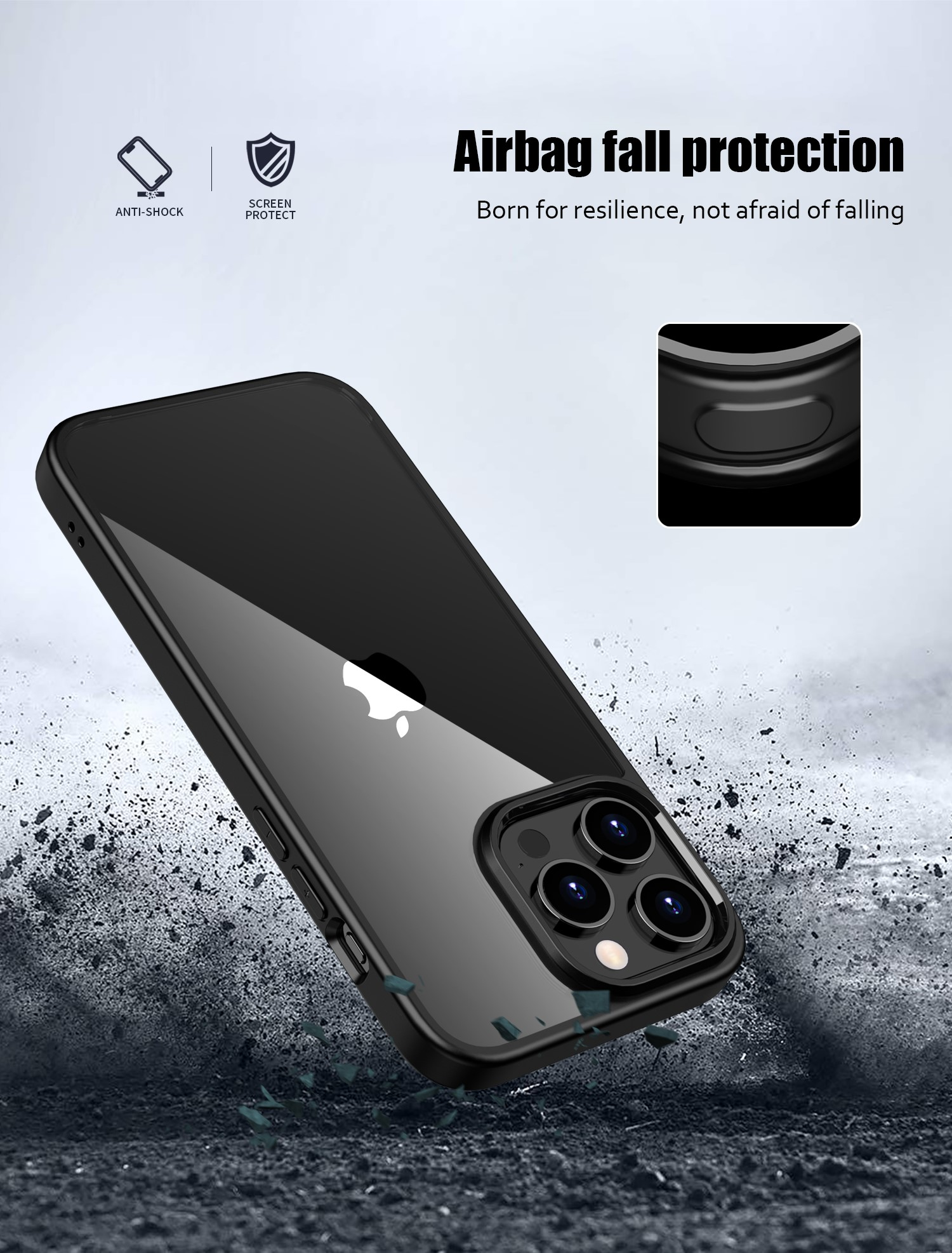 Coque de téléphone noire avec dos transparent, montrant un téléphone à l'intérieur. Texte : « Protection contre les chutes Airbag ».