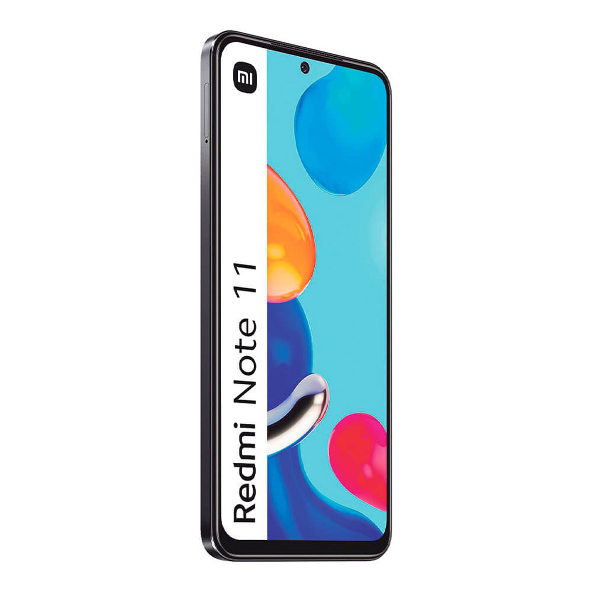 Czarny smartfon z białym paskiem, z kolorowym abstrakcyjnym tłem i napisem 'Redmi Note 11'.