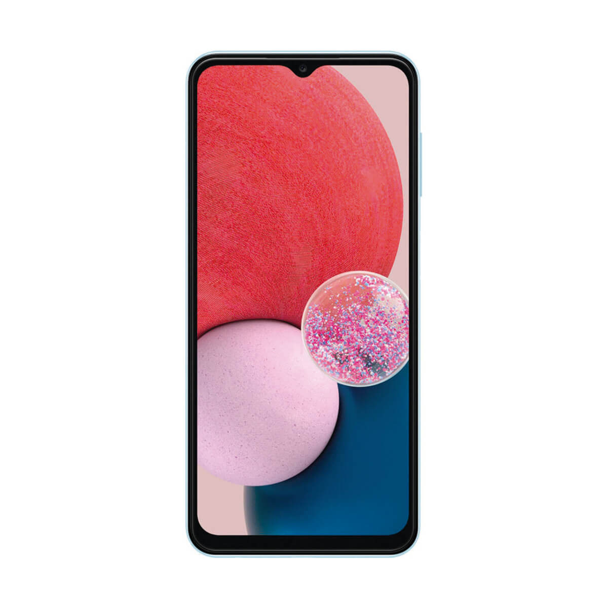 Uno smartphone con una cornice azzurra. Lo schermo mostra 3 sfere colorate su uno sfondo blu scuro.