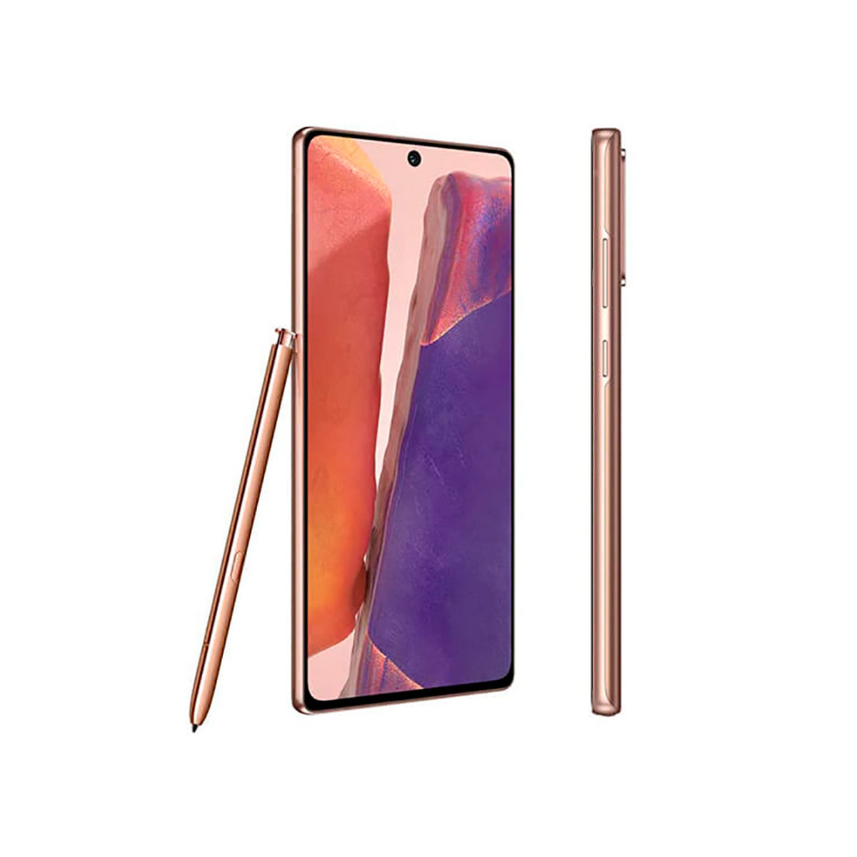 Telefono Samsung oro rosa con penna, vista angolata.