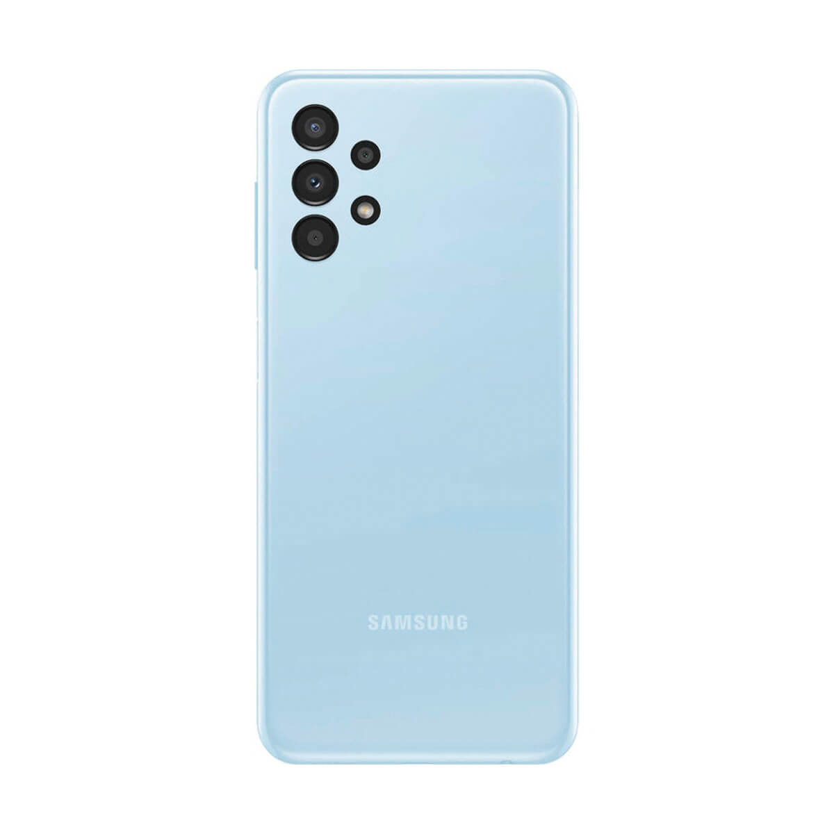 Il retro di uno smartphone Samsung azzurro con più fotocamere e il logo Samsung.