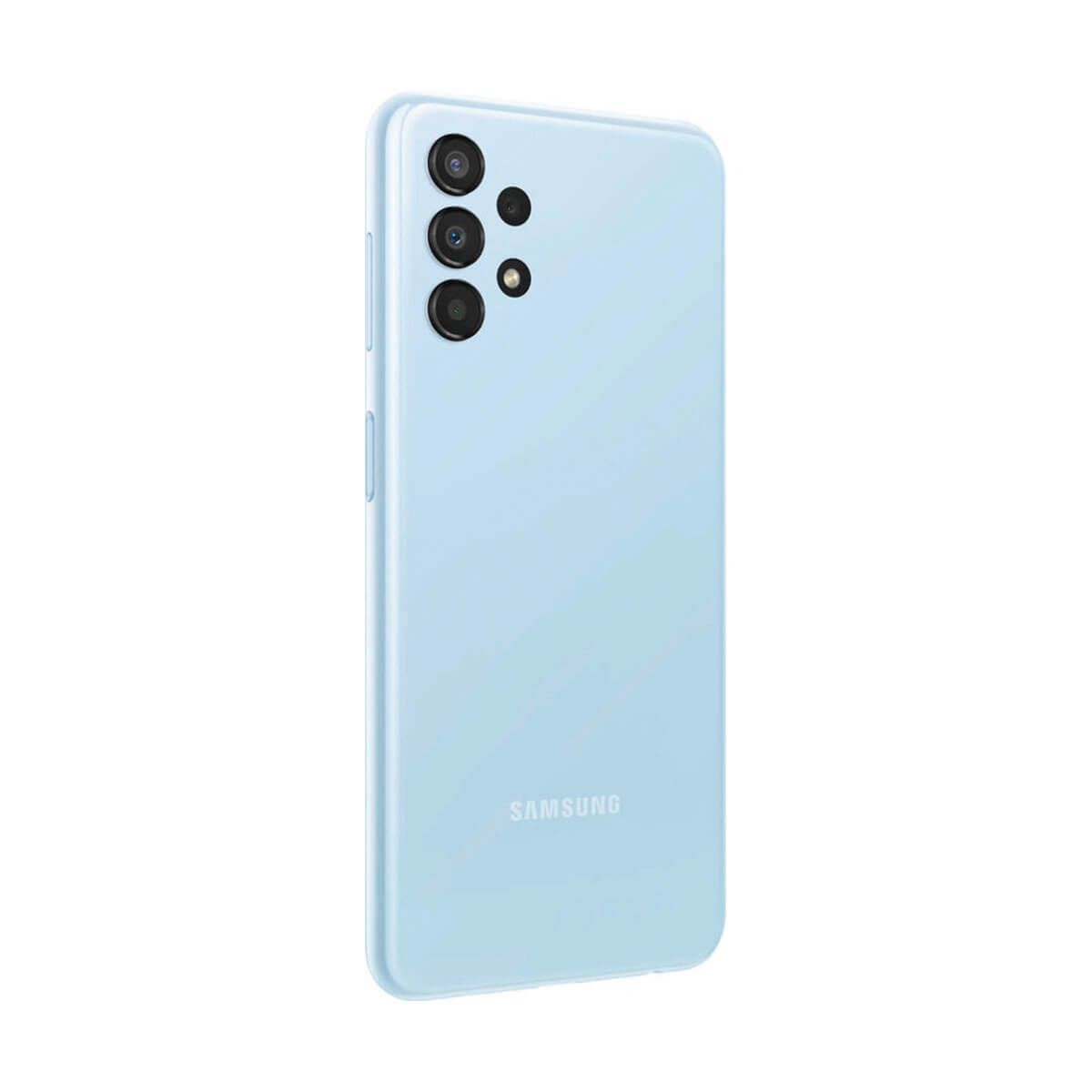 Un telefono azzurro con tre fotocamere posteriori. Il logo Samsung è visibile.