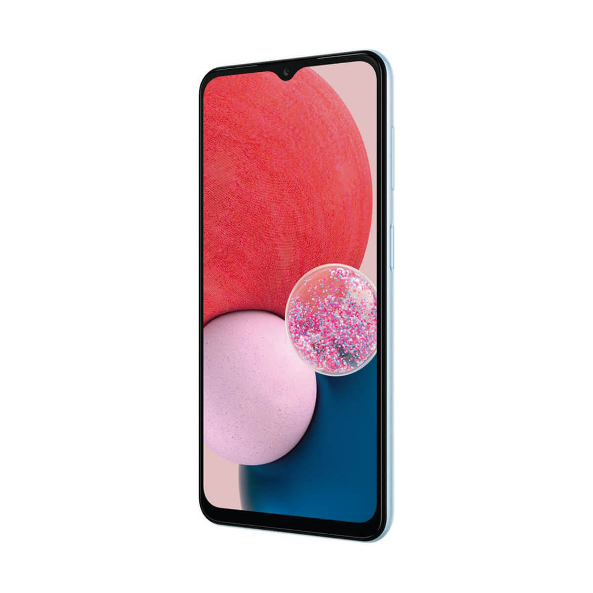 Uno smartphone blu con un grande sfondo rosa e blu e una bolla.