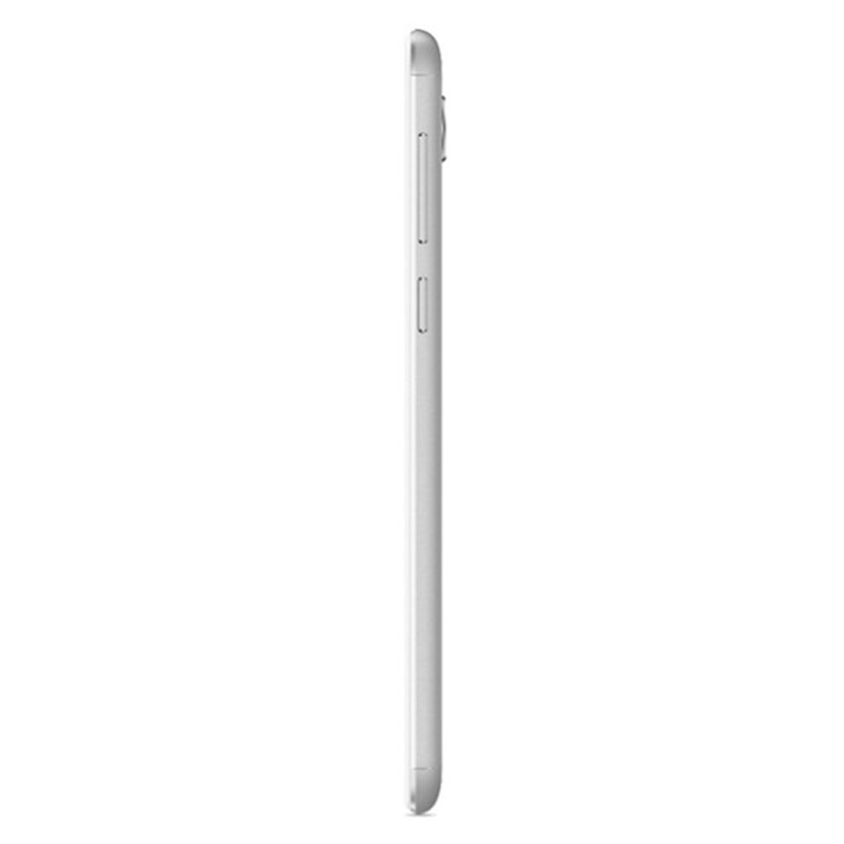Ein silbernes Smartphone ist von der Seite zu sehen. Der Hintergrund ist weiß.