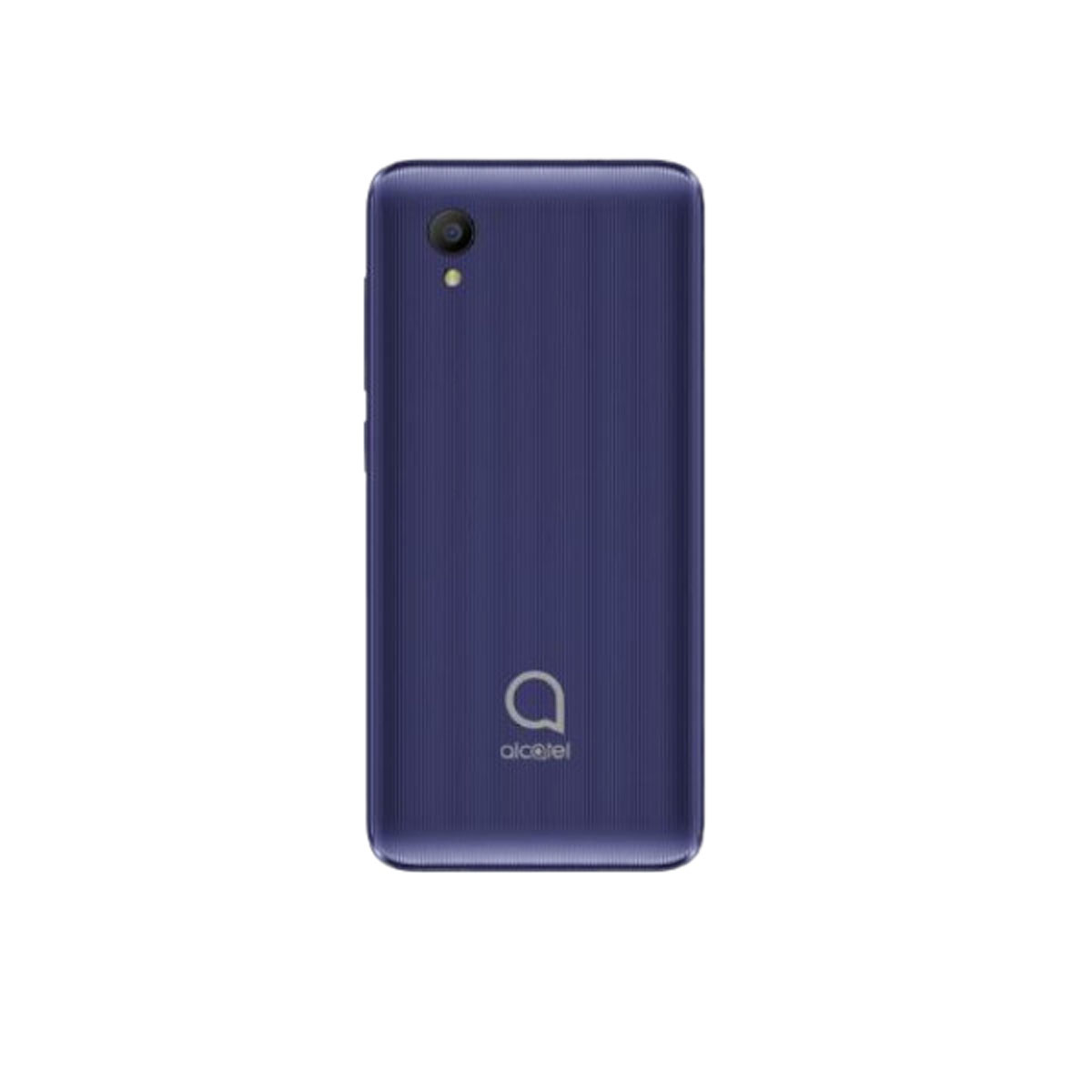 Tył niebieskiego smartfona Alcatel, z aparatem i logo Alcatel.