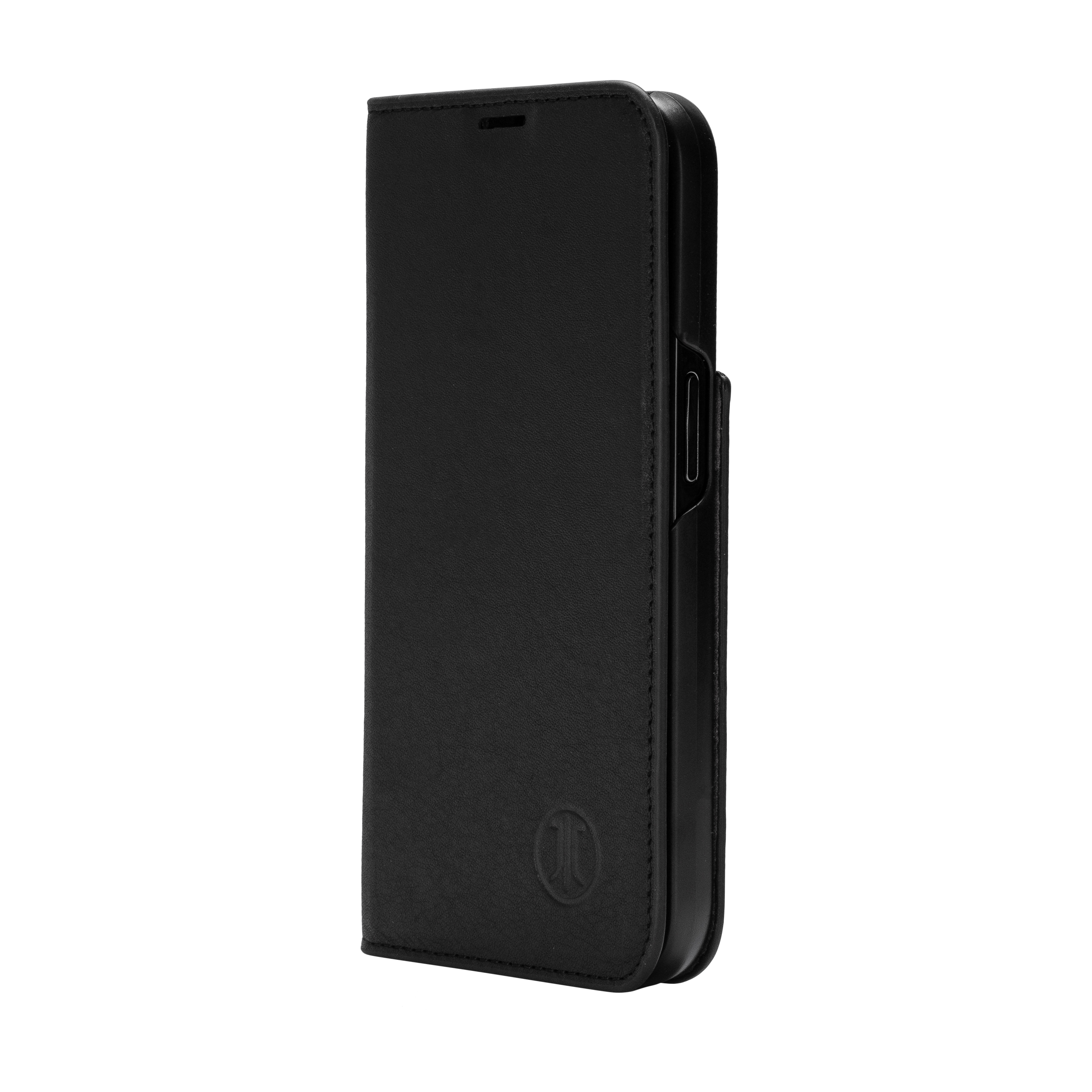 Étui de téléphone en cuir noir, fermé. Logo en bas, fond blanc.