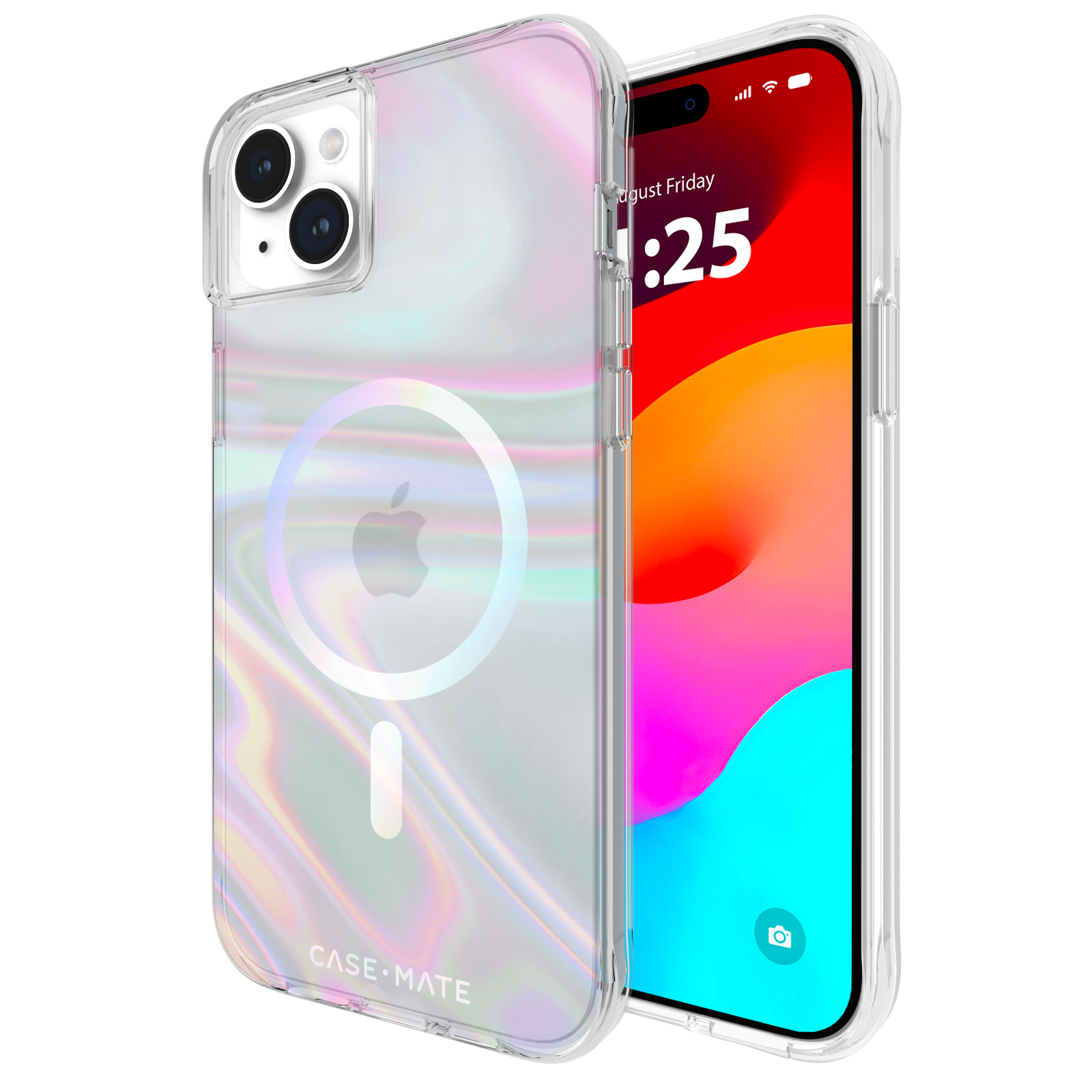Custodia trasparente per iPhone con sfondo colorato, con orologio sul telefono.