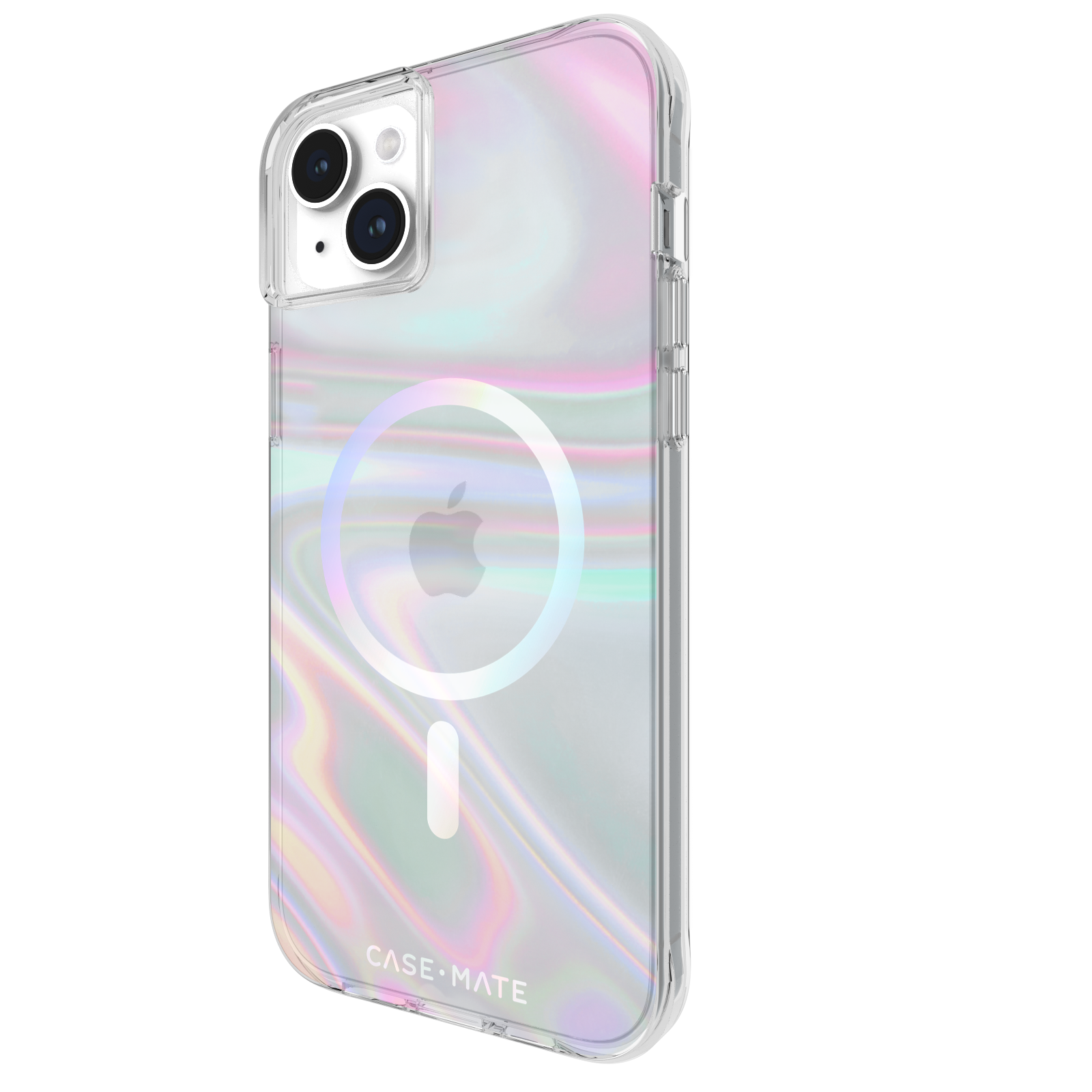 Custodia trasparente per telefono con design iridescente colorato. Logo Apple visibile. Sfondo nero.