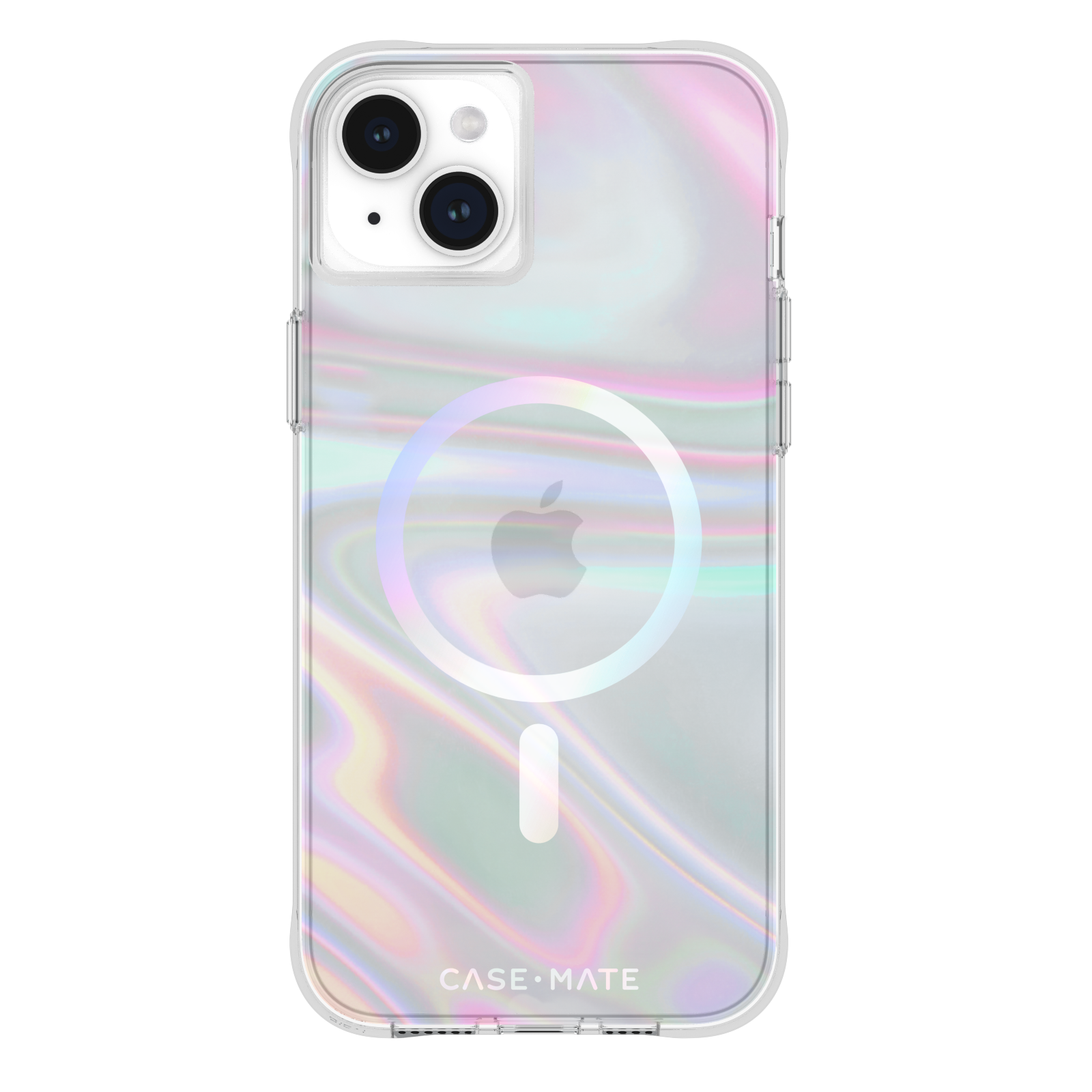 Una custodia per telefono con un motivo olografico e un logo Apple. Ha un cerchio magnetico.