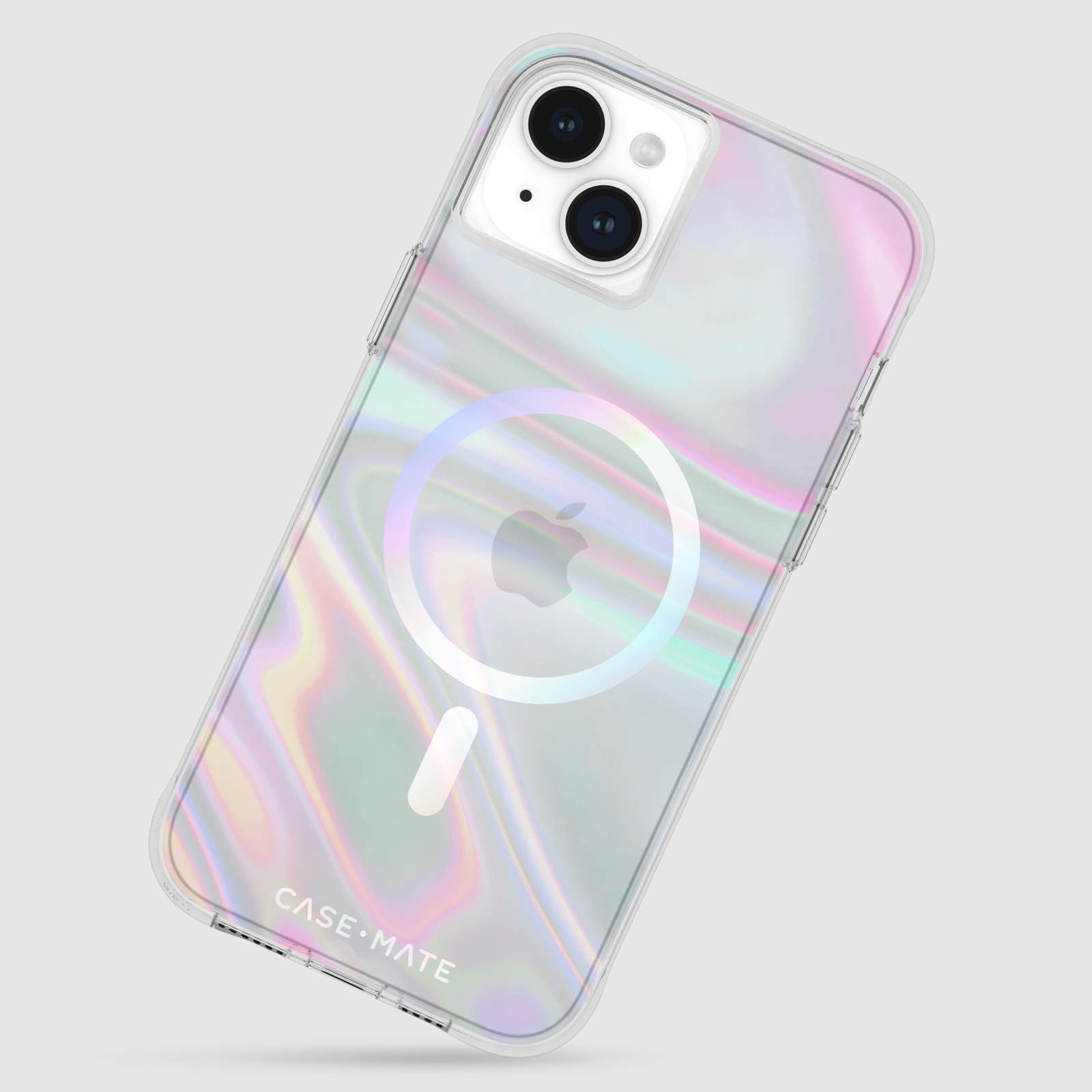 Una custodia trasparente per telefono con design olografico e logo Apple.
