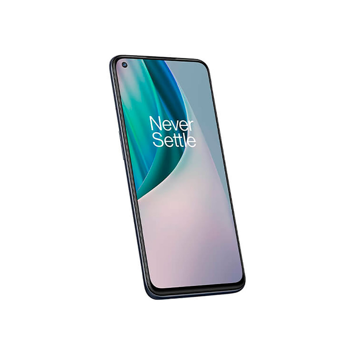 Niebieski smartfon z napisem "Never Settle" na ekranie.
