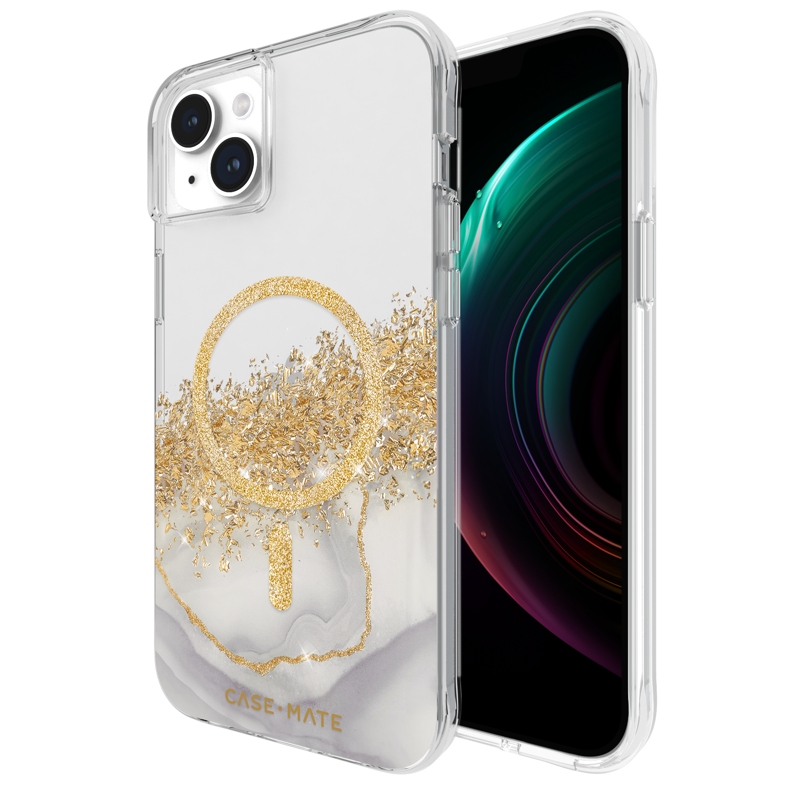iPhone in custodia trasparente con glitter dorati. Lo schermo mostra uno sfondo colorato.