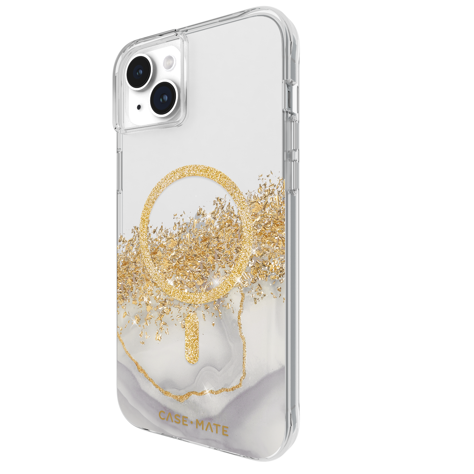 Custodia trasparente per telefono con design glitterato dorato. Marchio Case-Mate in basso. Sfondo nero.