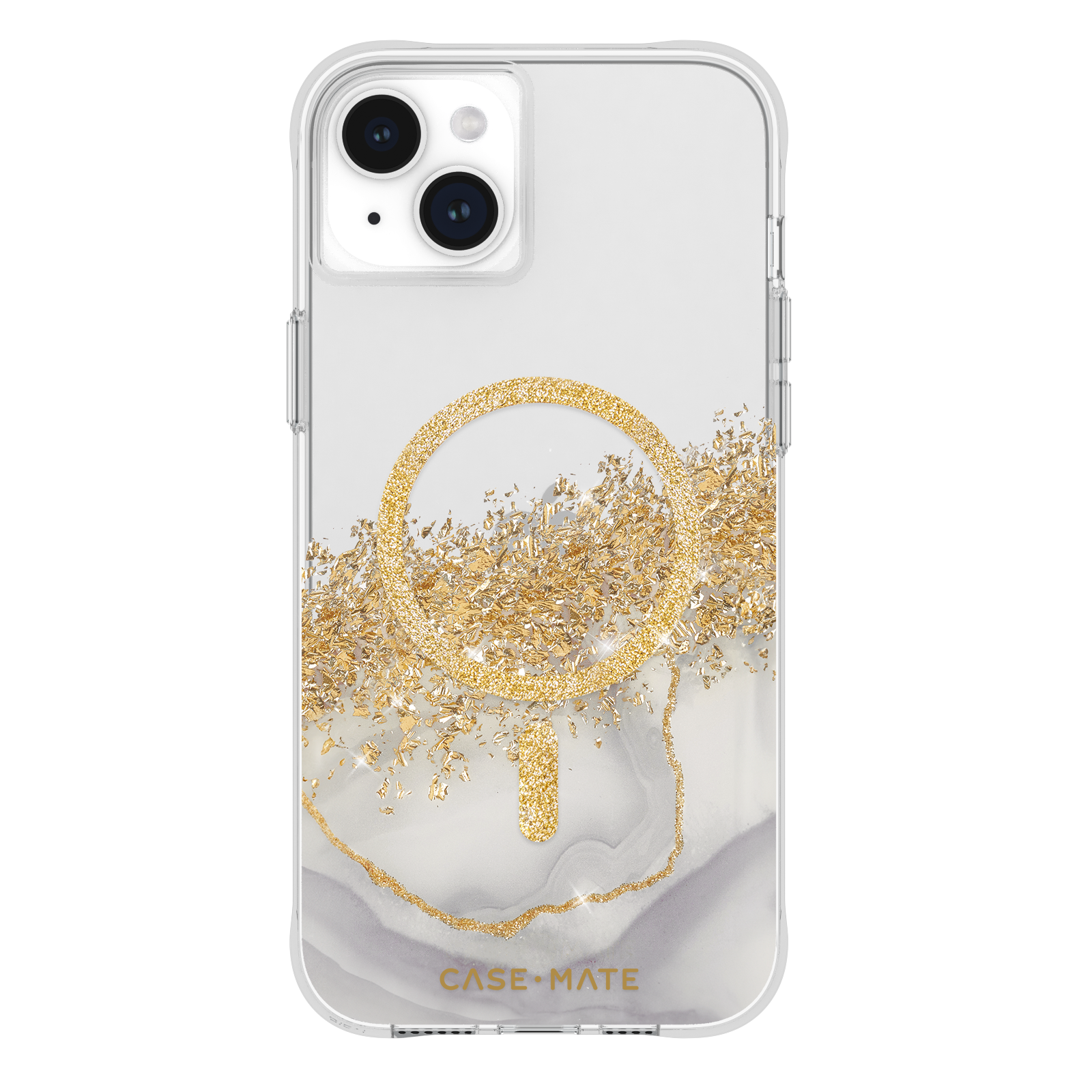 Una custodia per telefono con anello dorato e design a foglie d'oro, su uno sfondo marmorizzato.