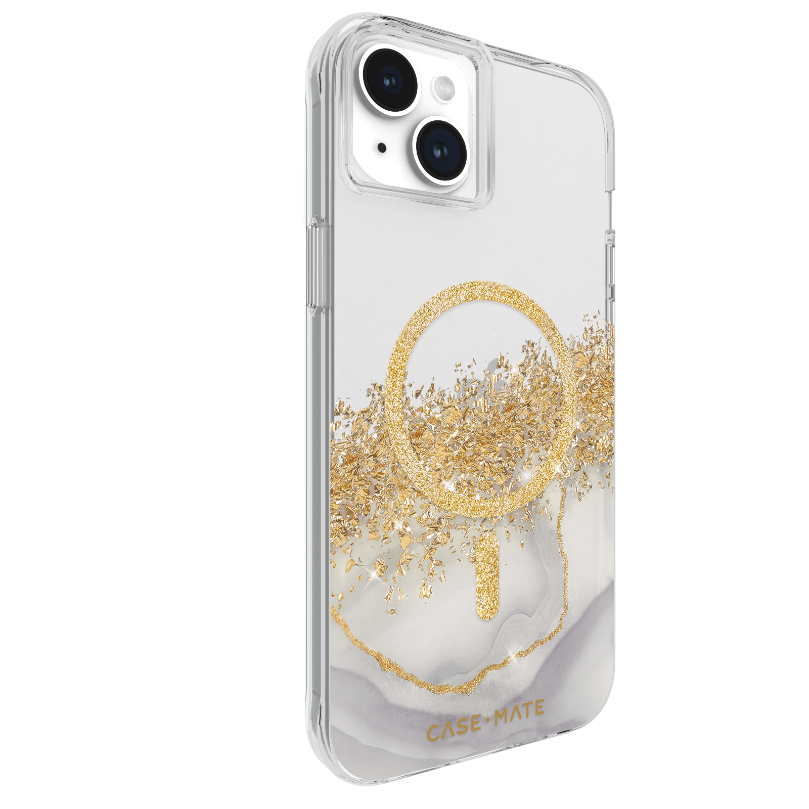 Custodia trasparente per telefono con design dorato. Su sfondo nero, mostra la fotocamera.