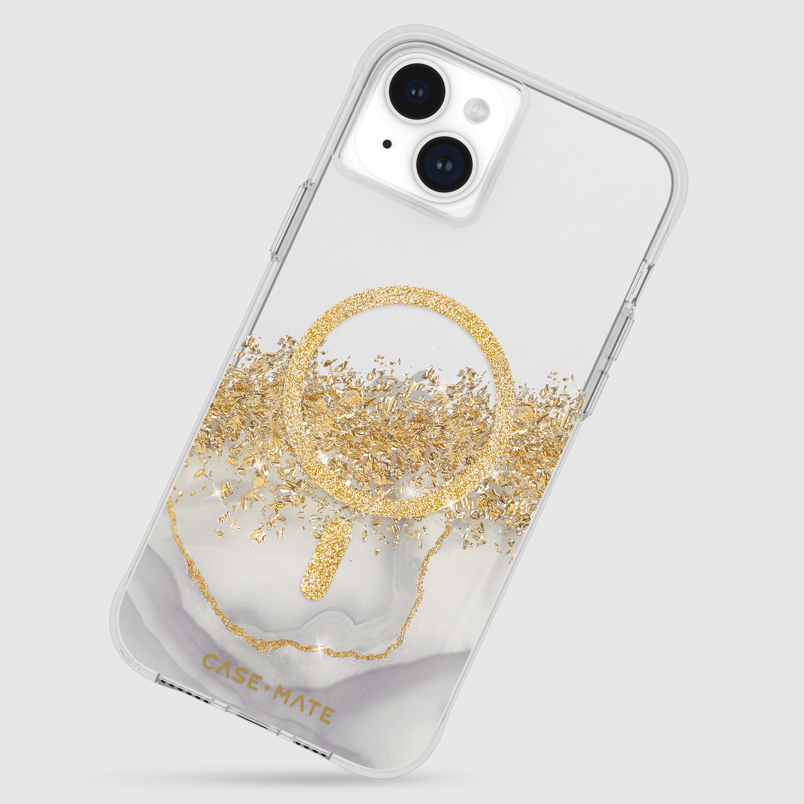 Una custodia per telefono con glitter dorati e design marmorizzato. Un anello dorato è attaccato. Il telefono è parzialmente visibile.