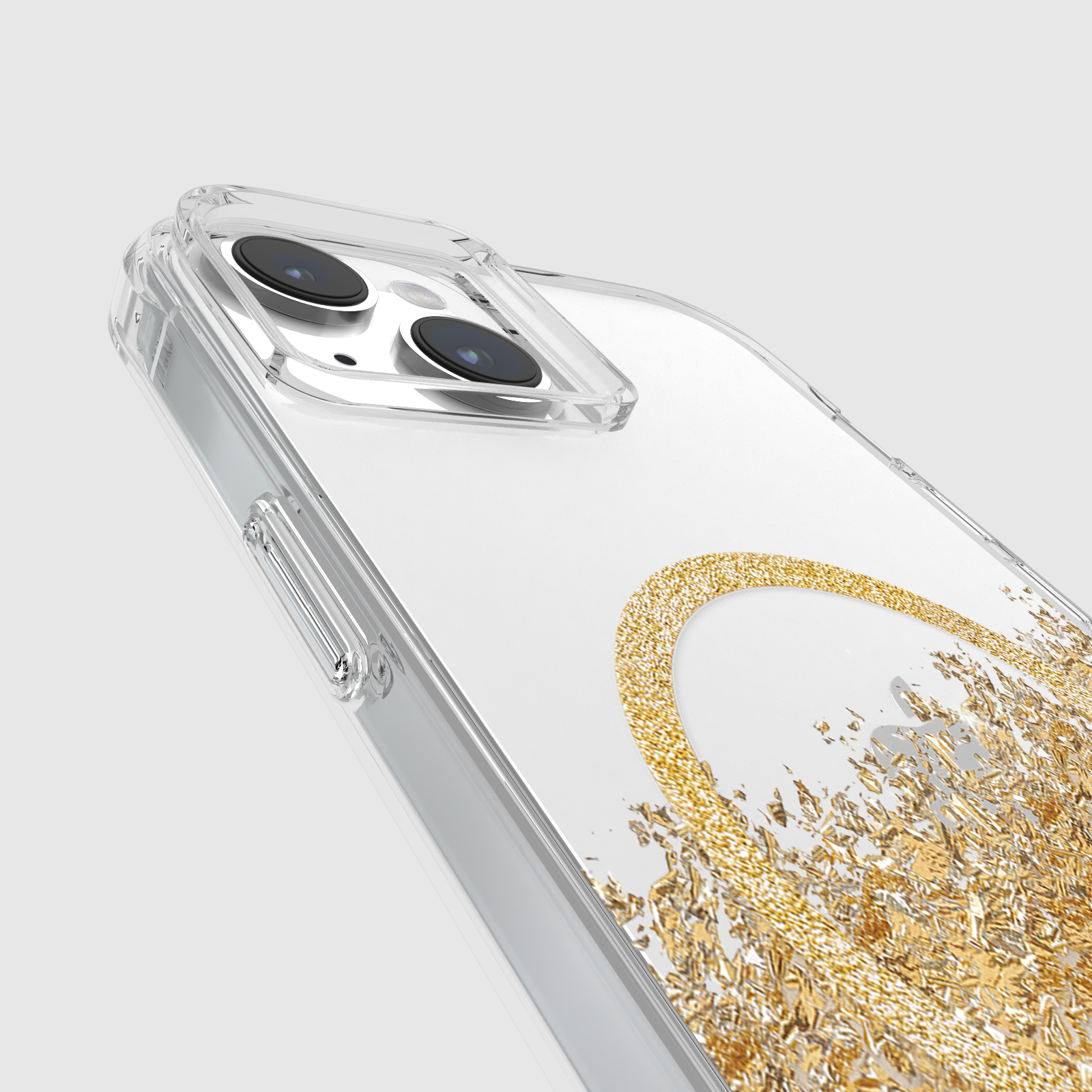 Una custodia trasparente per telefono con scaglie d'oro e una lente per fotocamera.