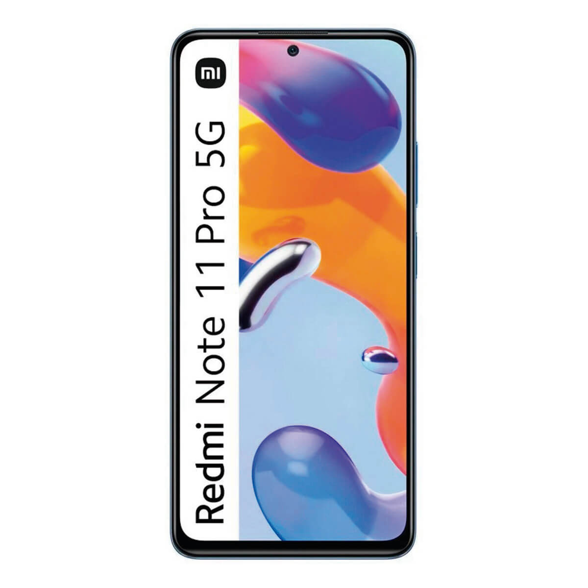 Smartfon z jasnym ekranem. Pokazuje kolorowe kształty i tekst na białym tle.