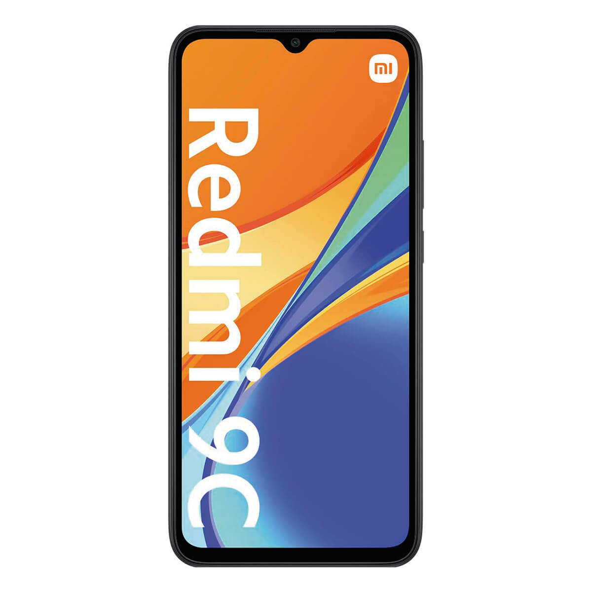 Ein schwarzes Redmi 9c-Handy mit orangefarbenem und blauem Bildschirm mit Redmi 9c-Logo.