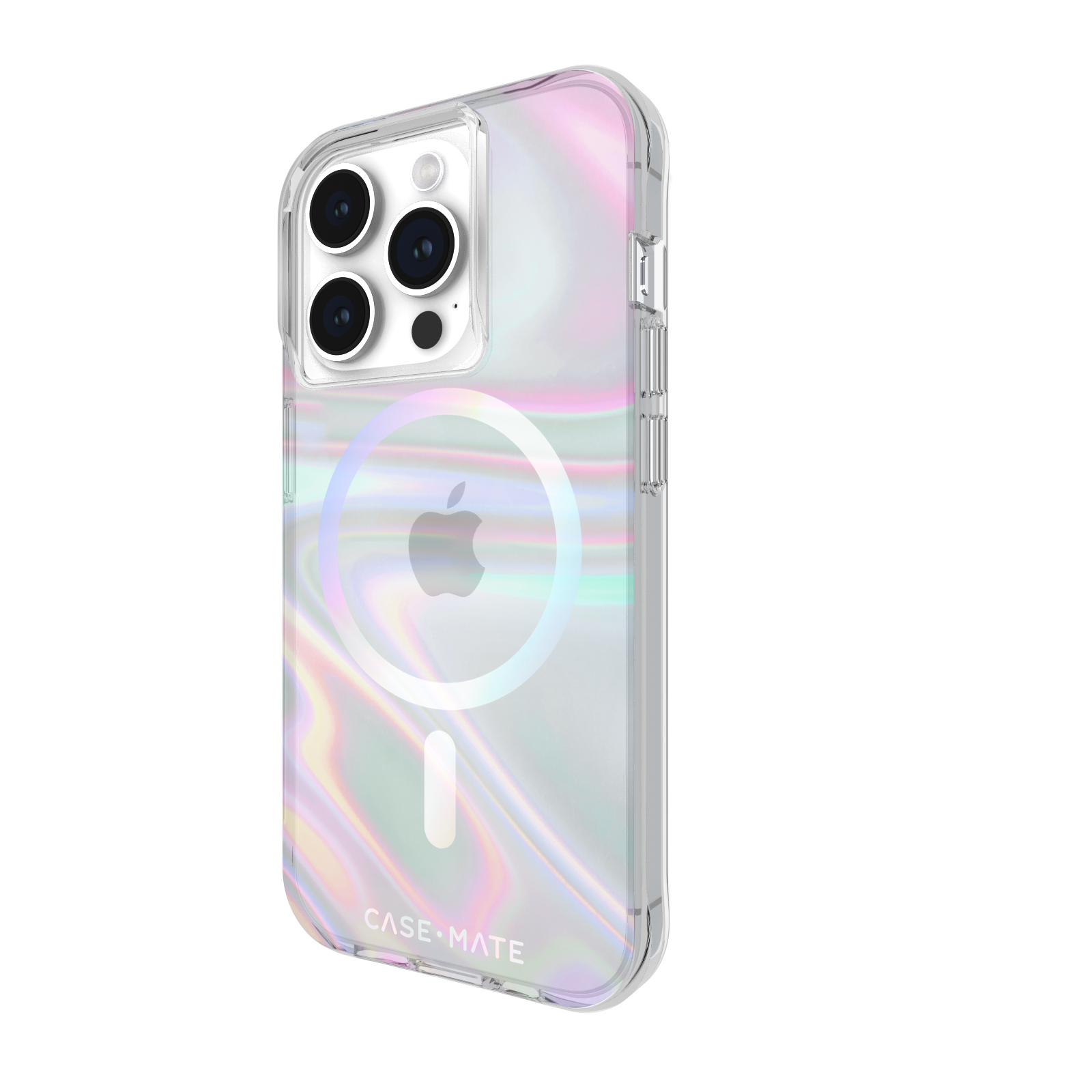 Eine transparente iPhone-Hülle mit einer farbenfrohen, schillernden Rückseite und dem Apple-Logo, vor schwarzem Hintergrund.