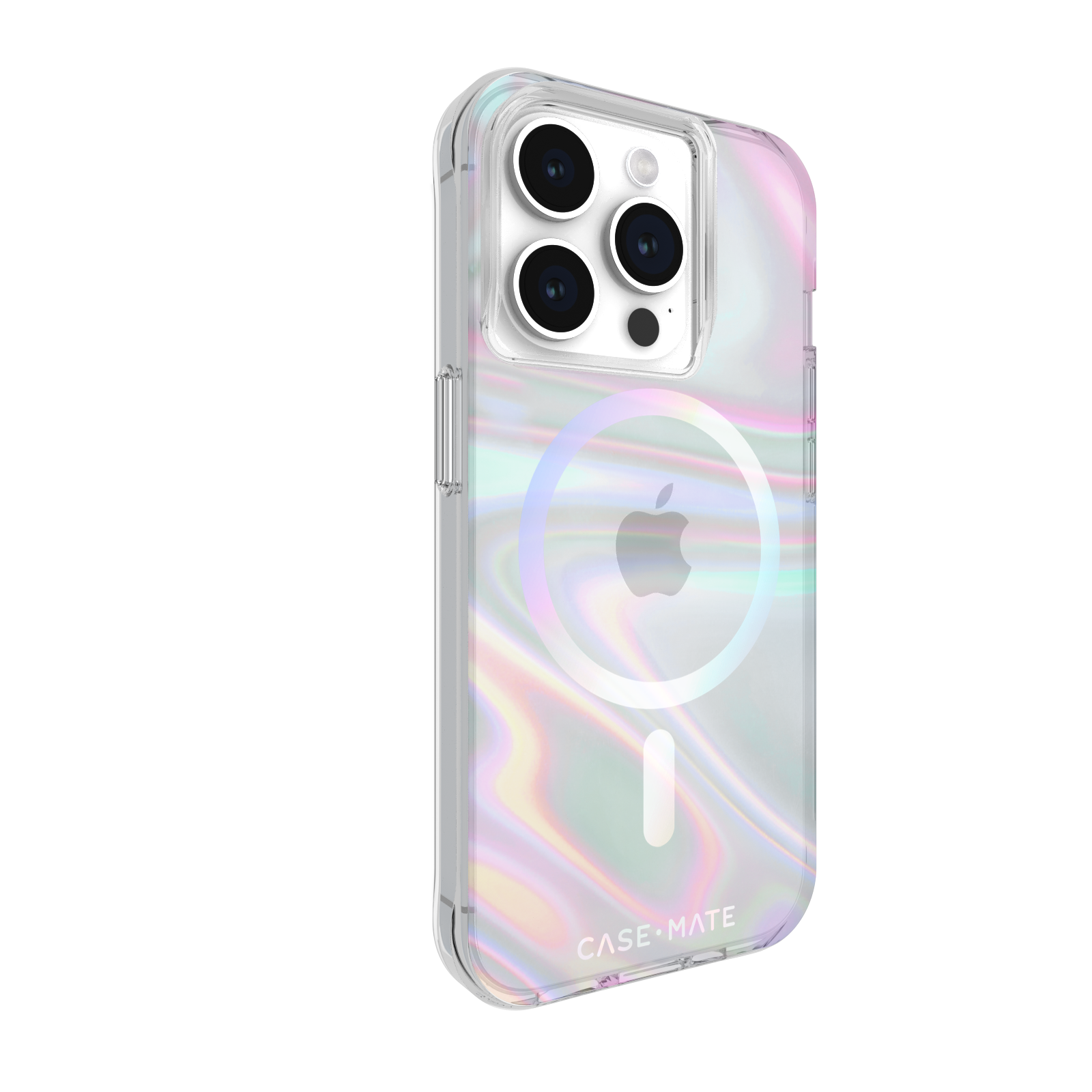 Eine schillernde Handyhülle mit Apple-Logo und weißem Kreis für MagSafe.