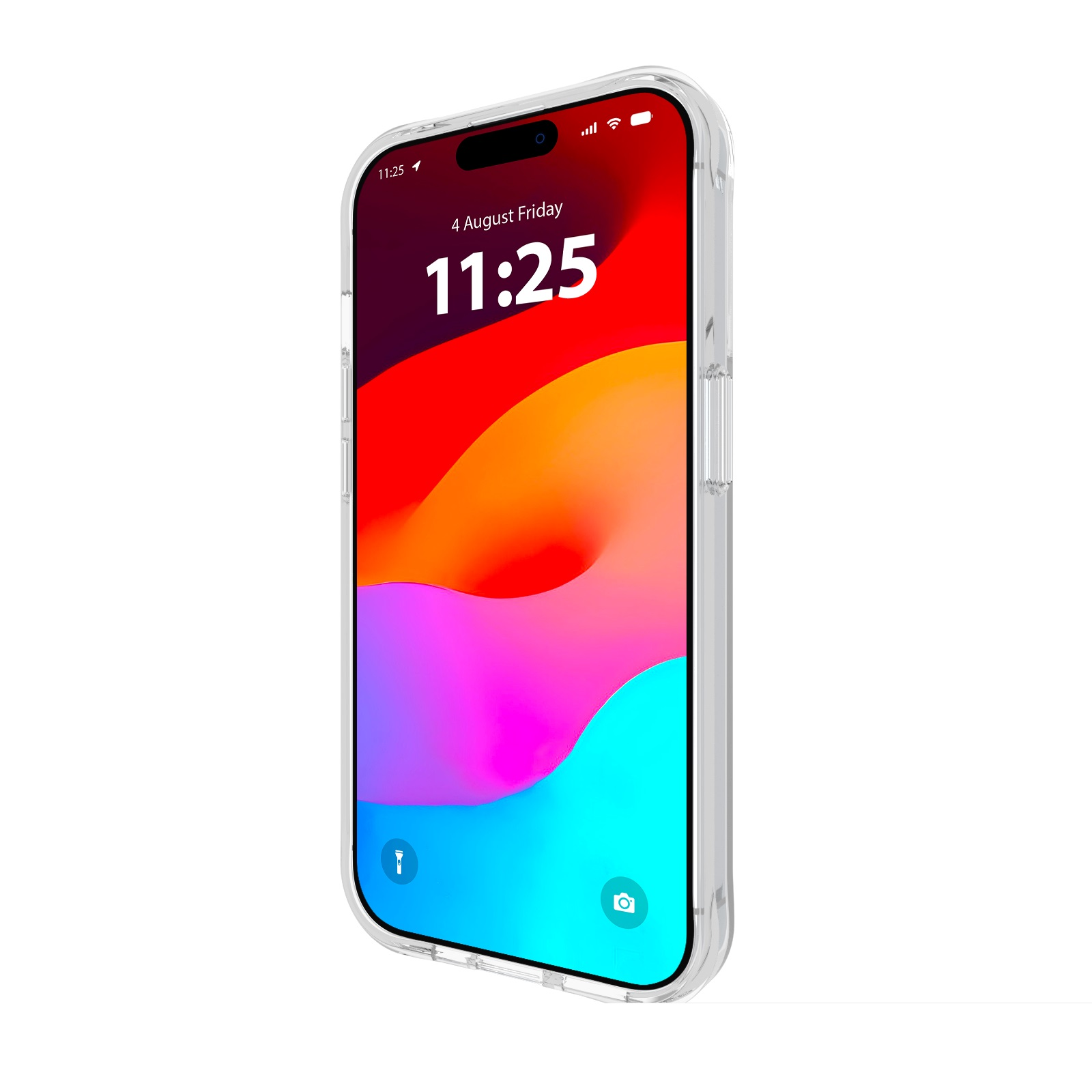 Telefon in klarer Hülle mit buntem Hintergrund. Zeigt Uhrzeit und Datum.