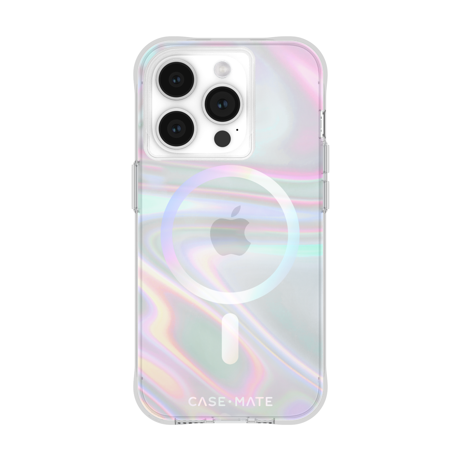 Transparente, schillernde Handyhülle mit weißem Kreis und Apple-Logo auf der Rückseite. Schwarzer Hintergrund.