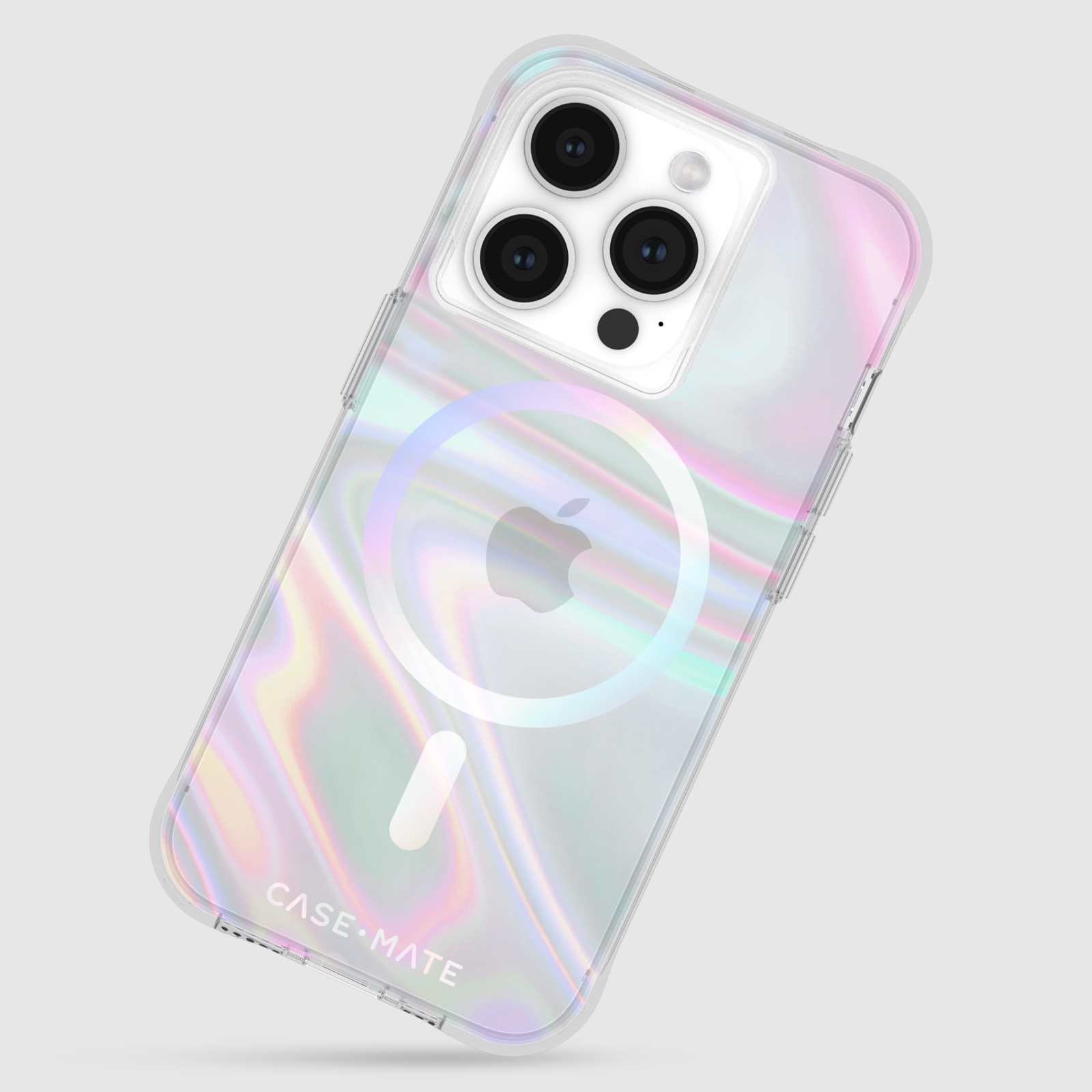 Eine Handyhülle mit holografischem Design. Die Hülle hat einen transparenten Rand und ein Case-Mate-Markenetikett.