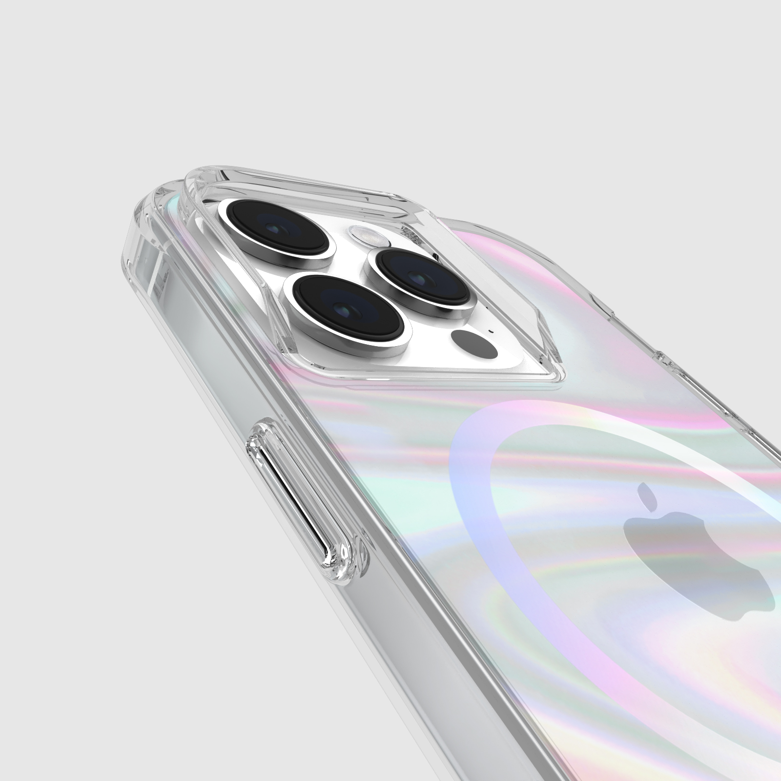 Eine transparente Handyhülle mit Regenbogen-Design und drei Kameralinsen.