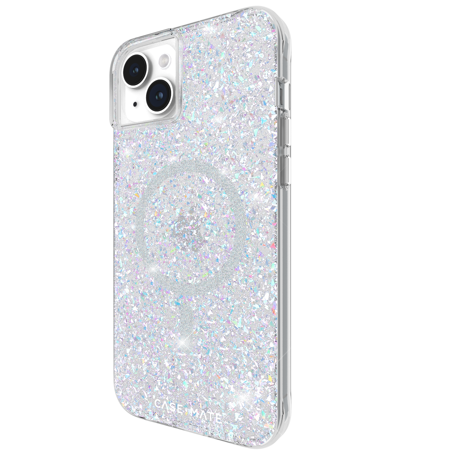 Eine Handyhülle mit Glitzerdesign. Sie ist transparent mit silbernem Glitzer und einem kreisförmigen Element.
