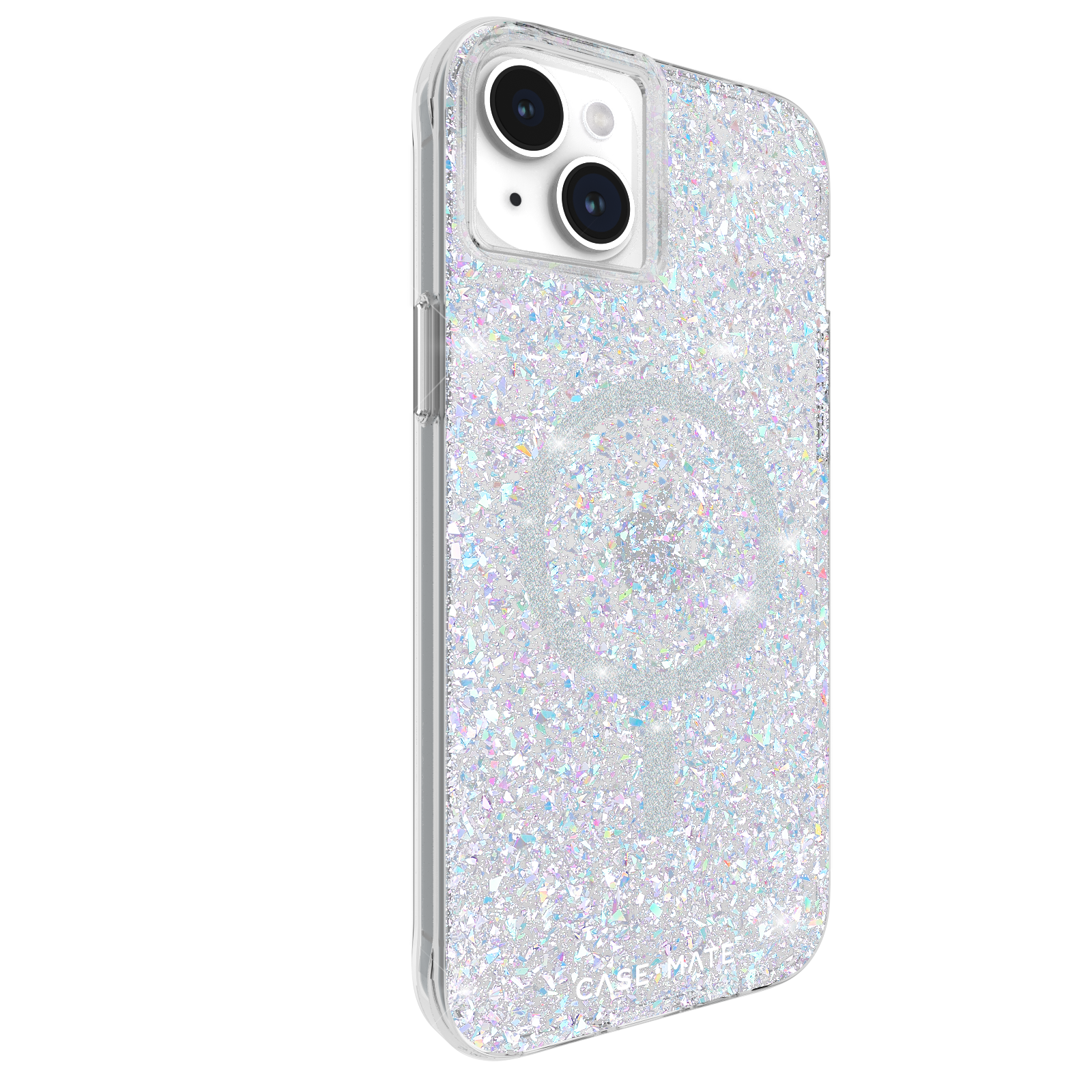 Glitzer-Handyhülle mit Kamera und weißem Magnetkreis.