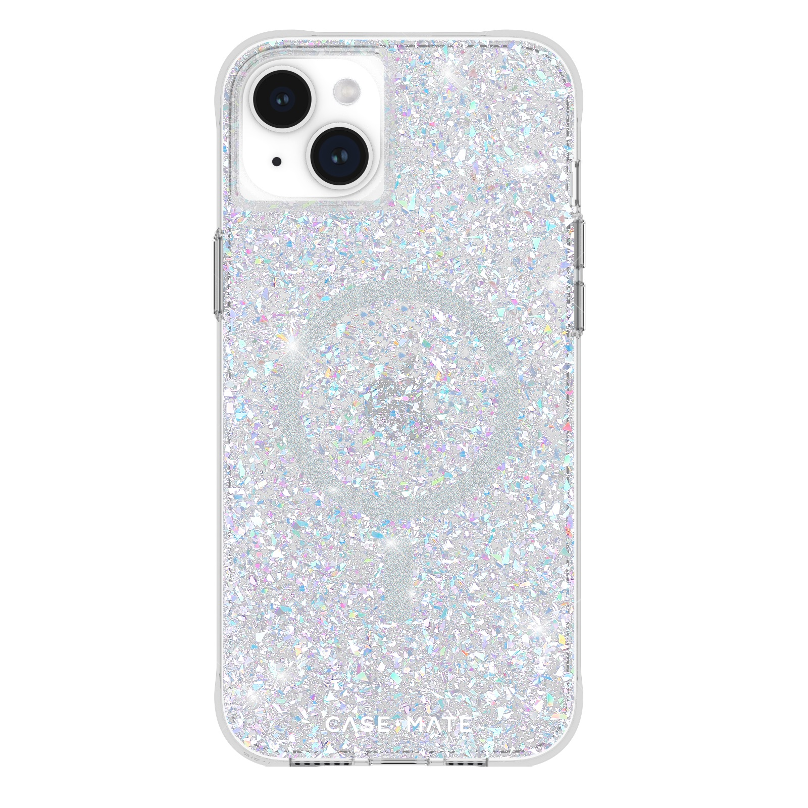 Silberner Glitzer-iPhone-Hülle. Die Hülle hat einen klaren Rand und ein Case Mate-Logo.