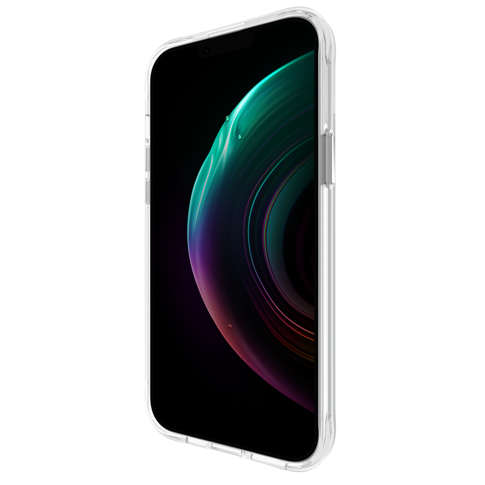 Eine transparente Handyhülle auf schwarzem Hintergrund. Der Telefonbildschirm zeigt ein farbenfrohes abstraktes Bild.